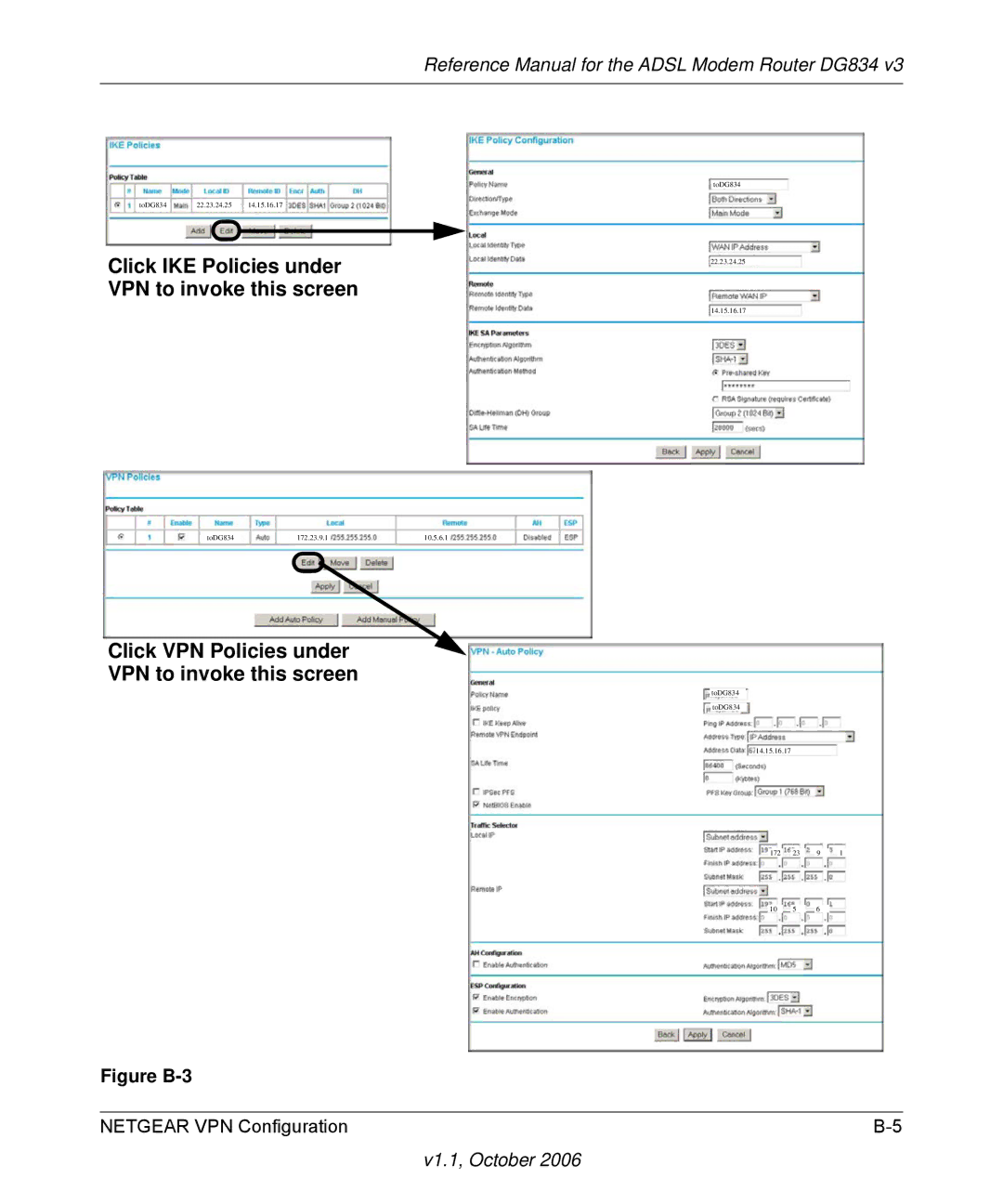 NETGEAR DG834 V3 Click IKE Policies under VPN to invoke this screen, Click VPN Policies under VPN to invoke this screen 