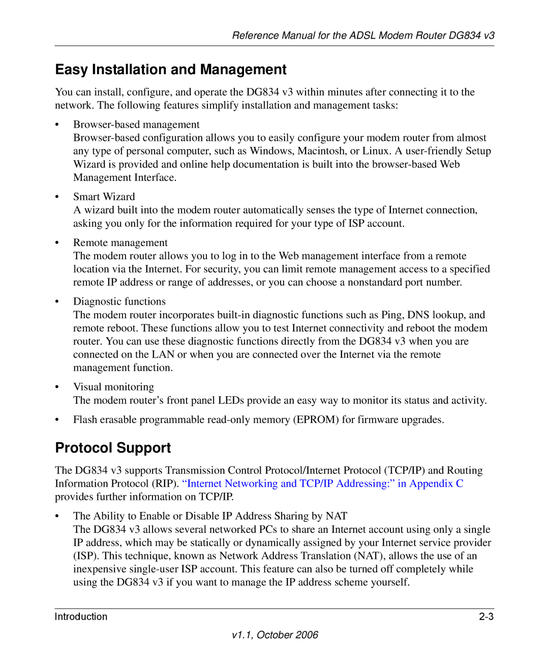 NETGEAR DG834 V3 manual Easy Installation and Management, Protocol Support 