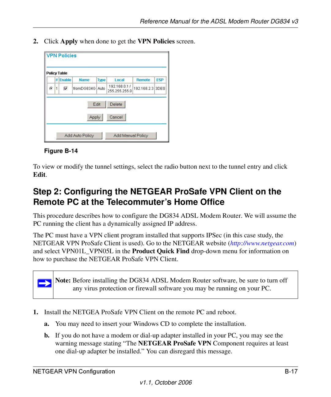 NETGEAR DG834 V3 manual Click Apply when done to get the VPN Policies screen 