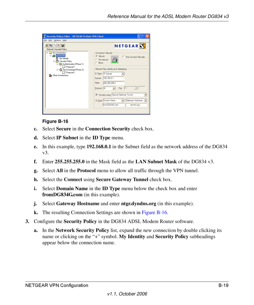 NETGEAR DG834 V3 manual Select Secure in the Connection Security check box 