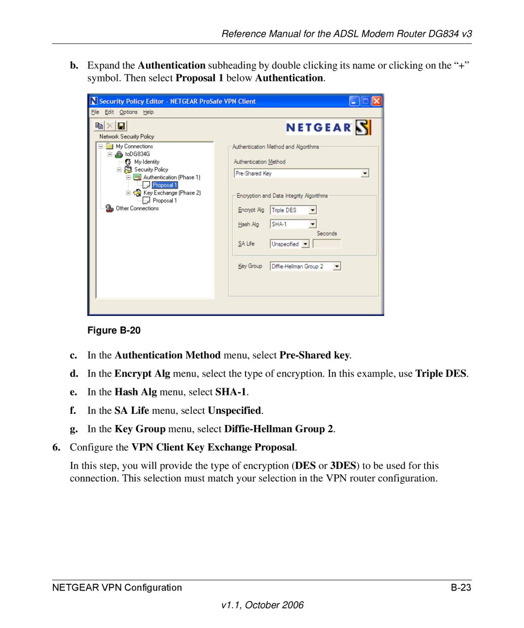 NETGEAR DG834 V3 manual Authentication Method menu, select Pre-Shared key, Figure B-20 