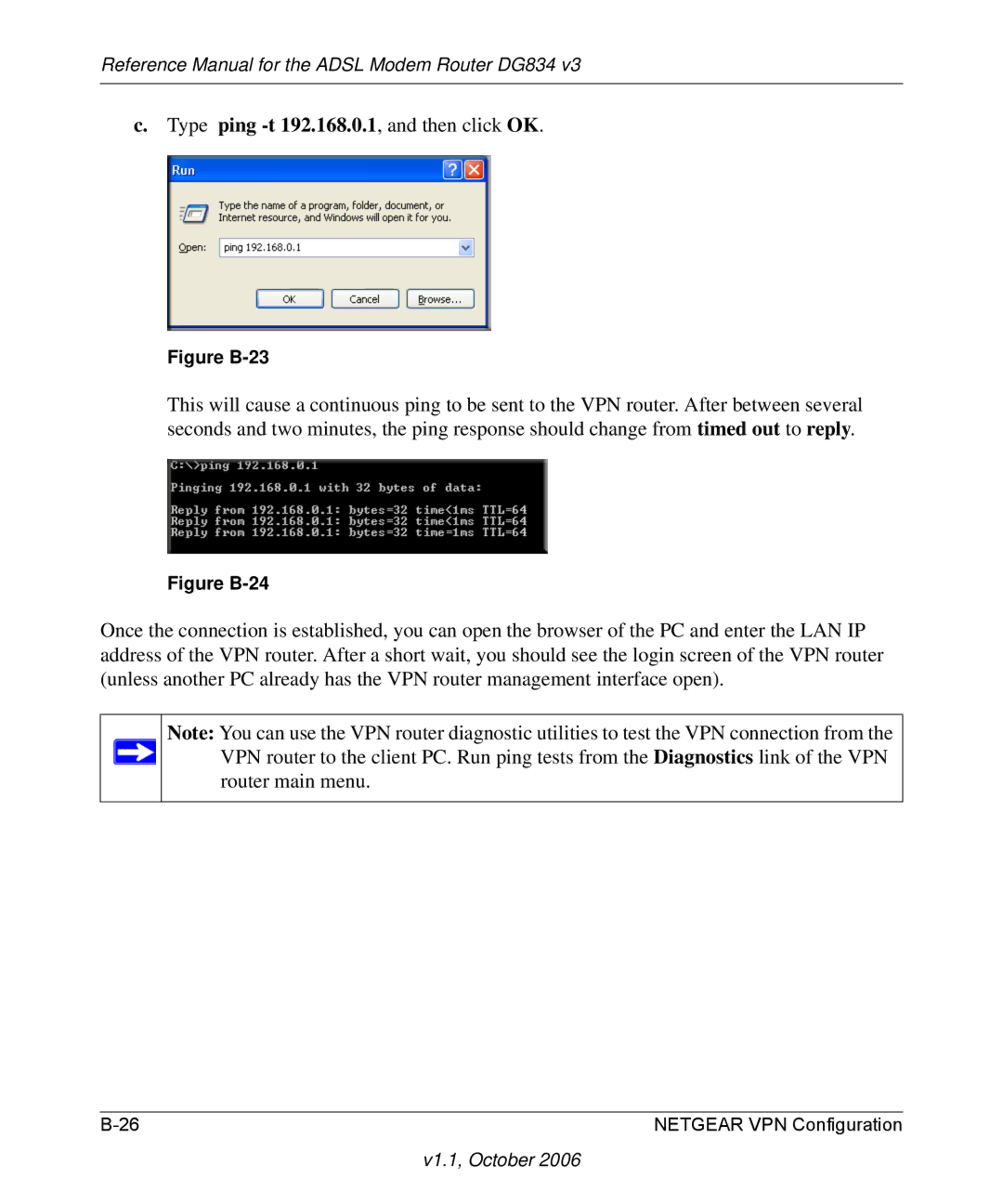 NETGEAR DG834 V3 manual Type ping -t 192.168.0.1, and then click OK, Figure B-23 