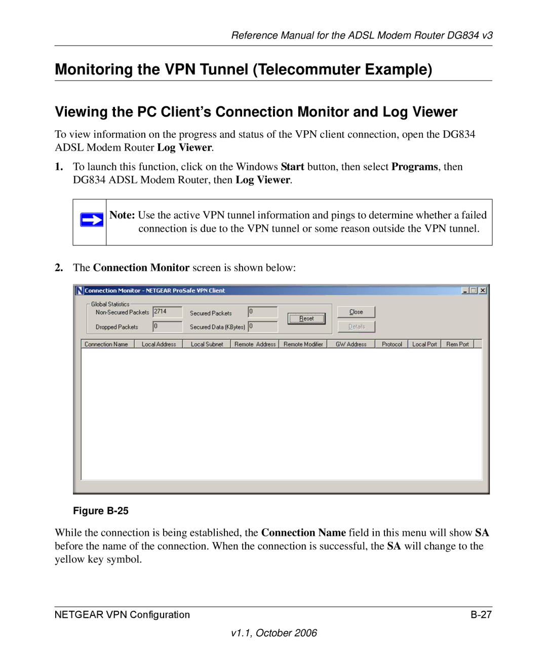 NETGEAR DG834 V3 Monitoring the VPN Tunnel Telecommuter Example, Viewing the PC Client’s Connection Monitor and Log Viewer 