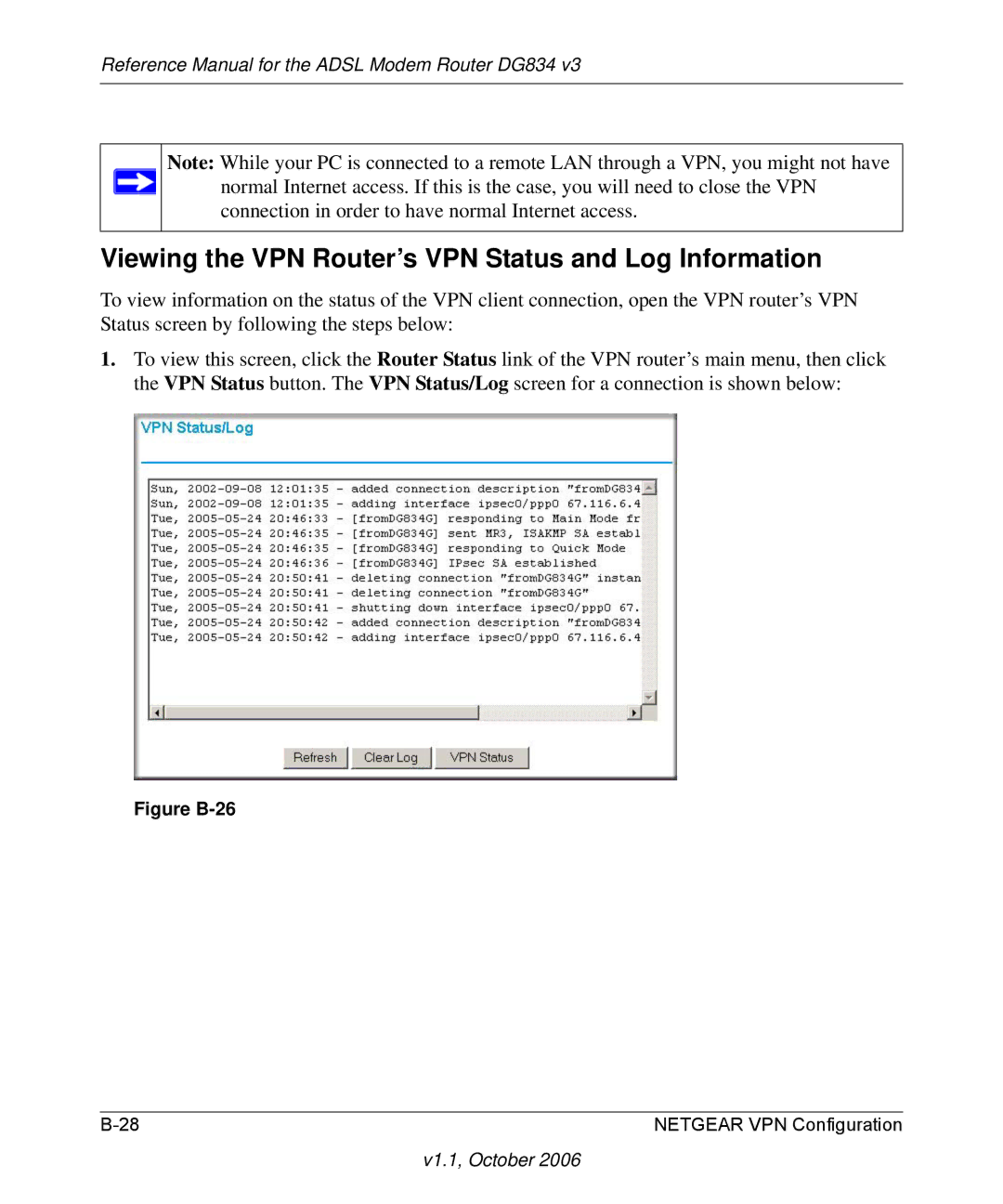 NETGEAR DG834 V3 manual Viewing the VPN Router’s VPN Status and Log Information, Figure B-26 