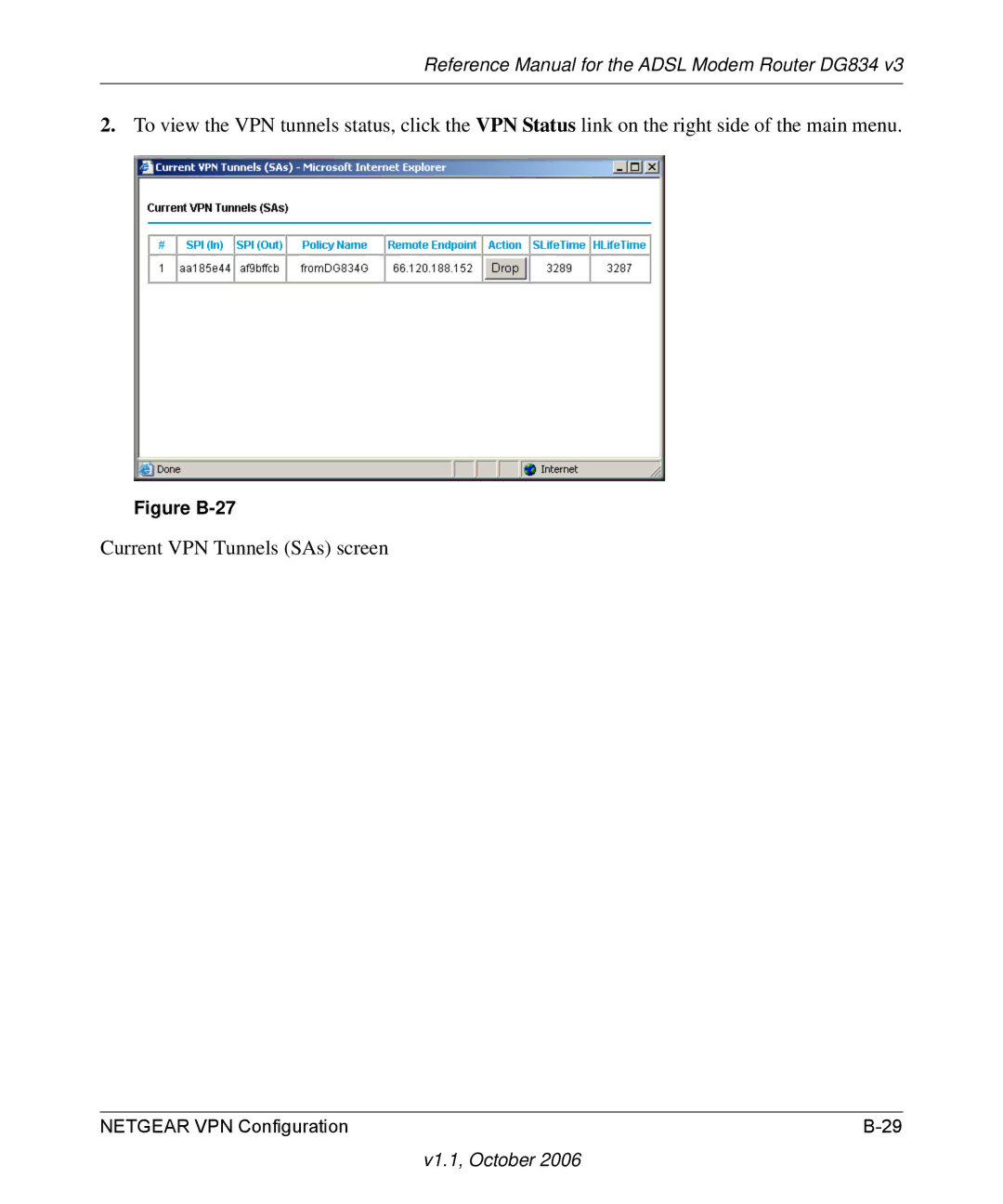 NETGEAR DG834 V3 manual Current VPN Tunnels SAs screen 