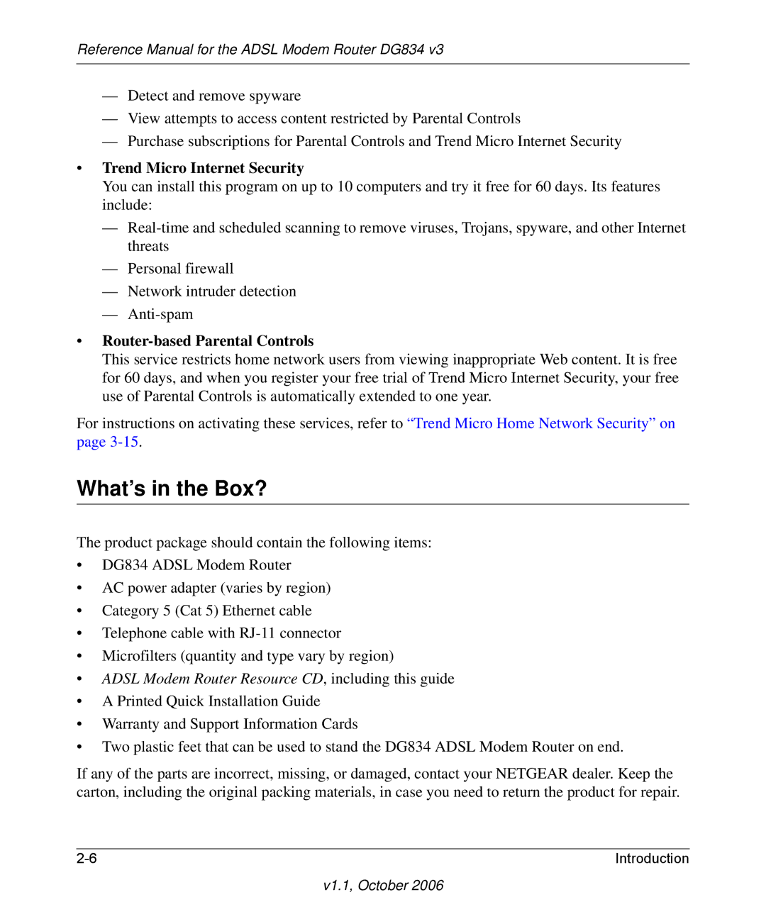 NETGEAR DG834 V3 manual What’s in the Box?, Trend Micro Internet Security, Router-based Parental Controls 