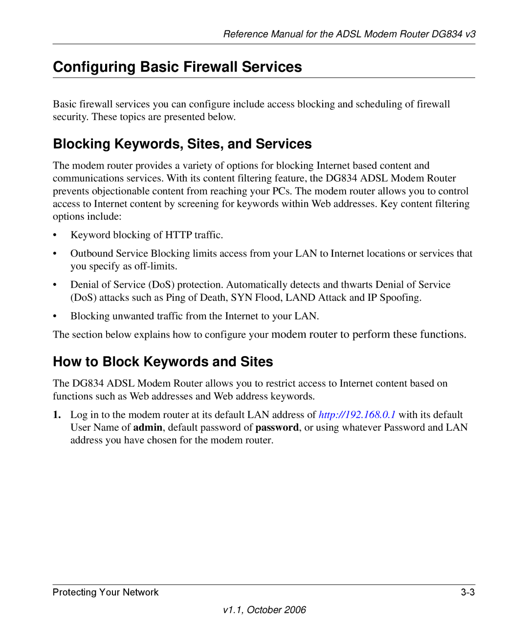 NETGEAR DG834 V3 manual Configuring Basic Firewall Services, Blocking Keywords, Sites, and Services 