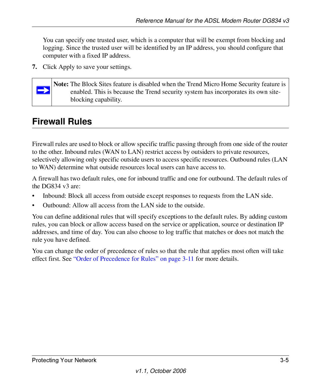 NETGEAR DG834 V3 manual Firewall Rules 