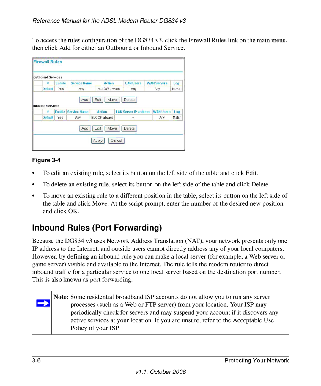 NETGEAR DG834 V3 manual Inbound Rules Port Forwarding 