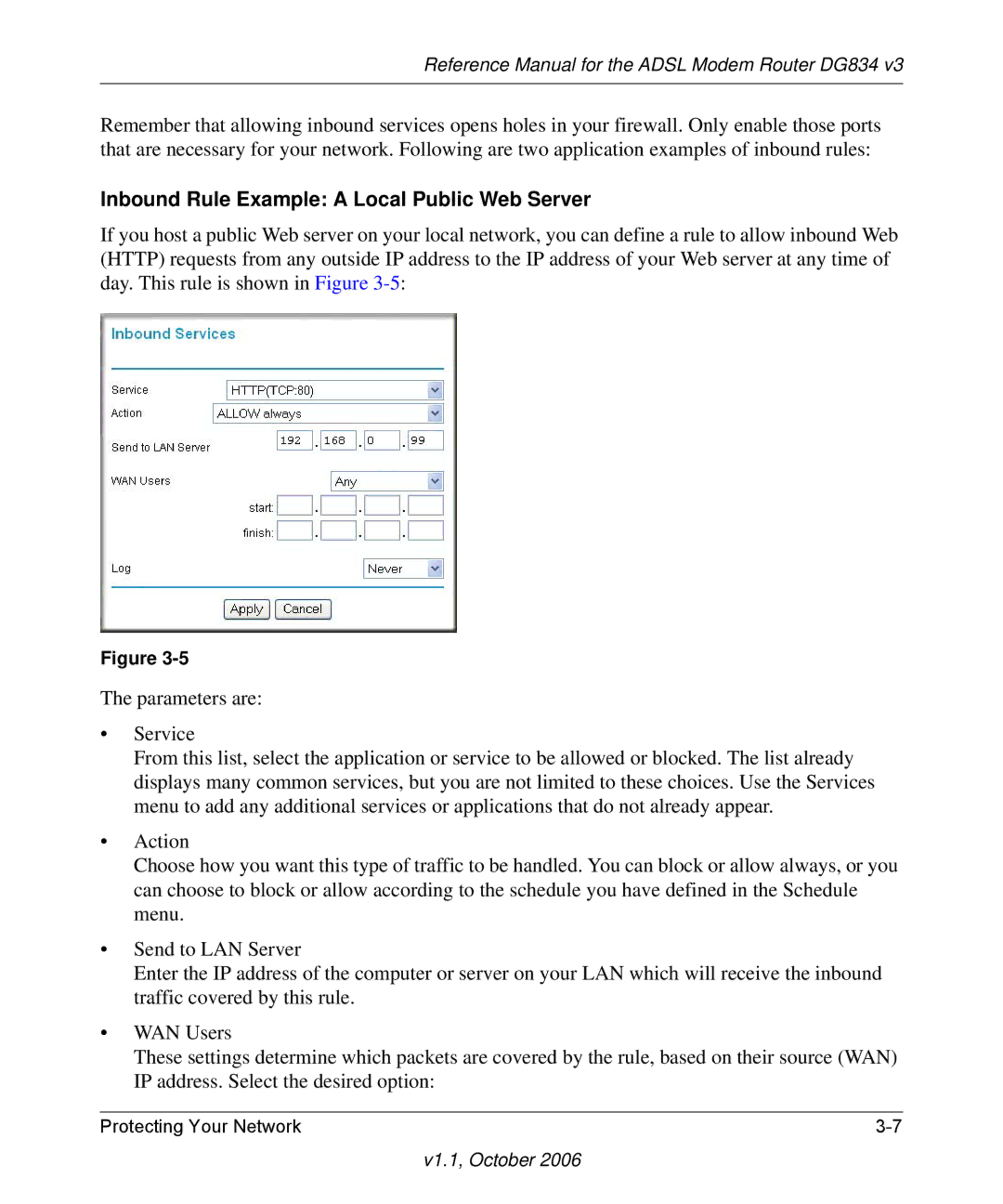 NETGEAR DG834 V3 manual Inbound Rule Example a Local Public Web Server 