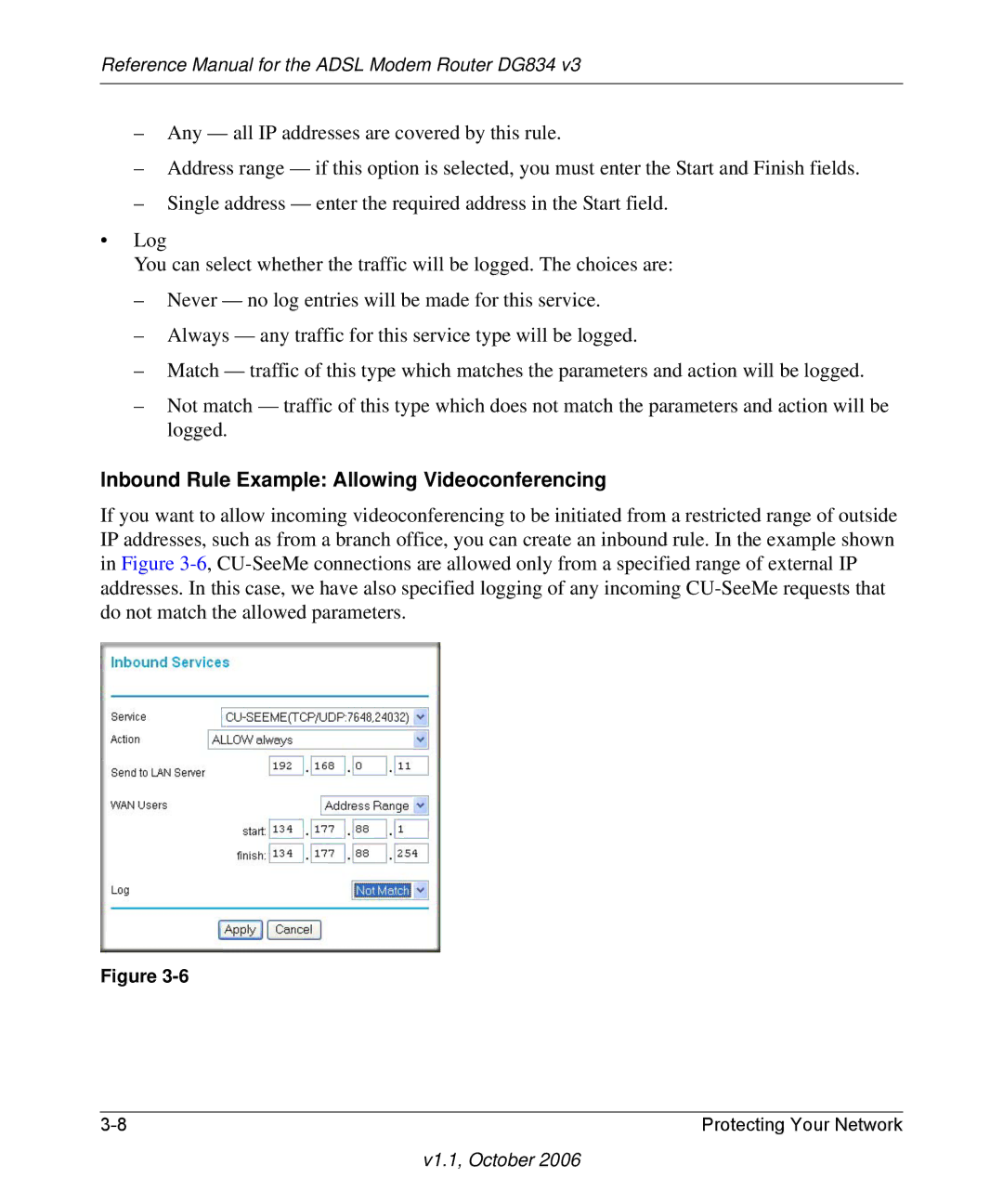 NETGEAR DG834 V3 manual Inbound Rule Example Allowing Videoconferencing 