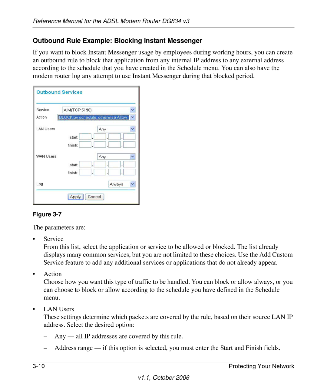 NETGEAR DG834 V3 manual Outbound Rule Example Blocking Instant Messenger 