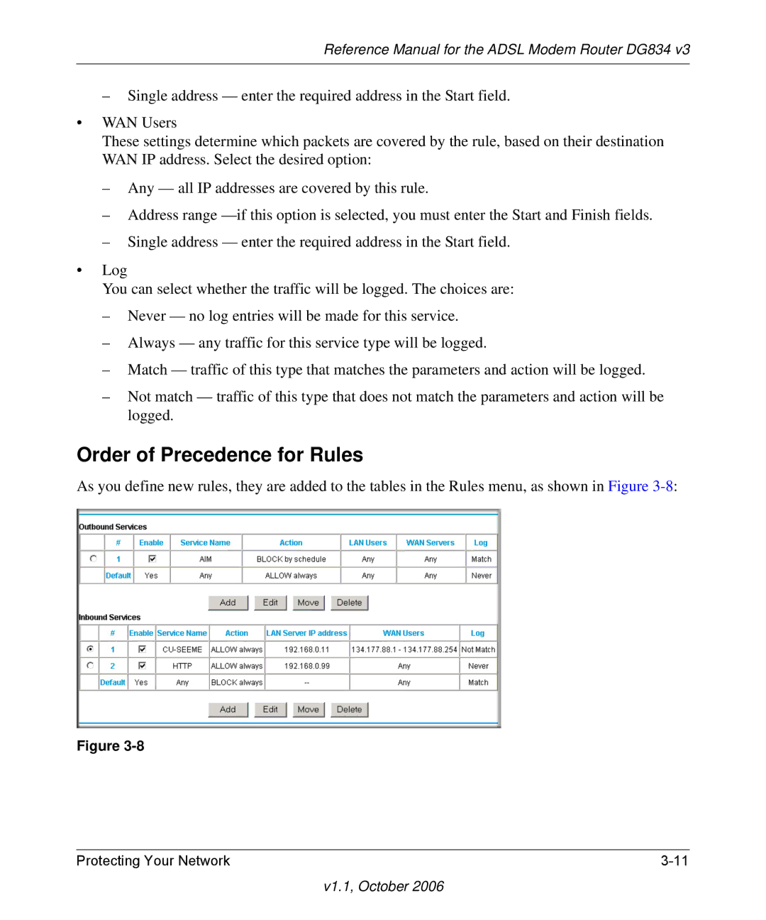 NETGEAR DG834 V3 manual Order of Precedence for Rules 