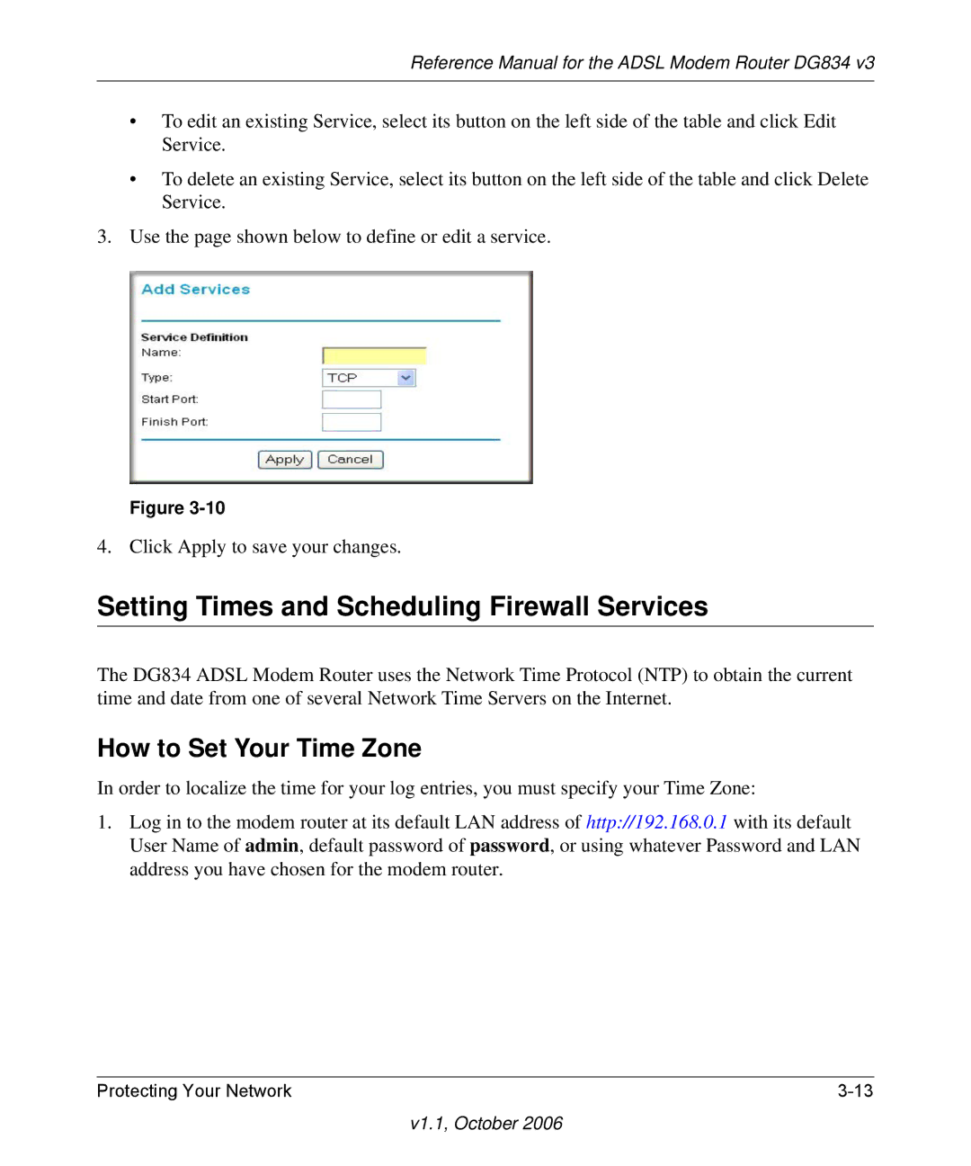 NETGEAR DG834 V3 manual Setting Times and Scheduling Firewall Services, How to Set Your Time Zone 