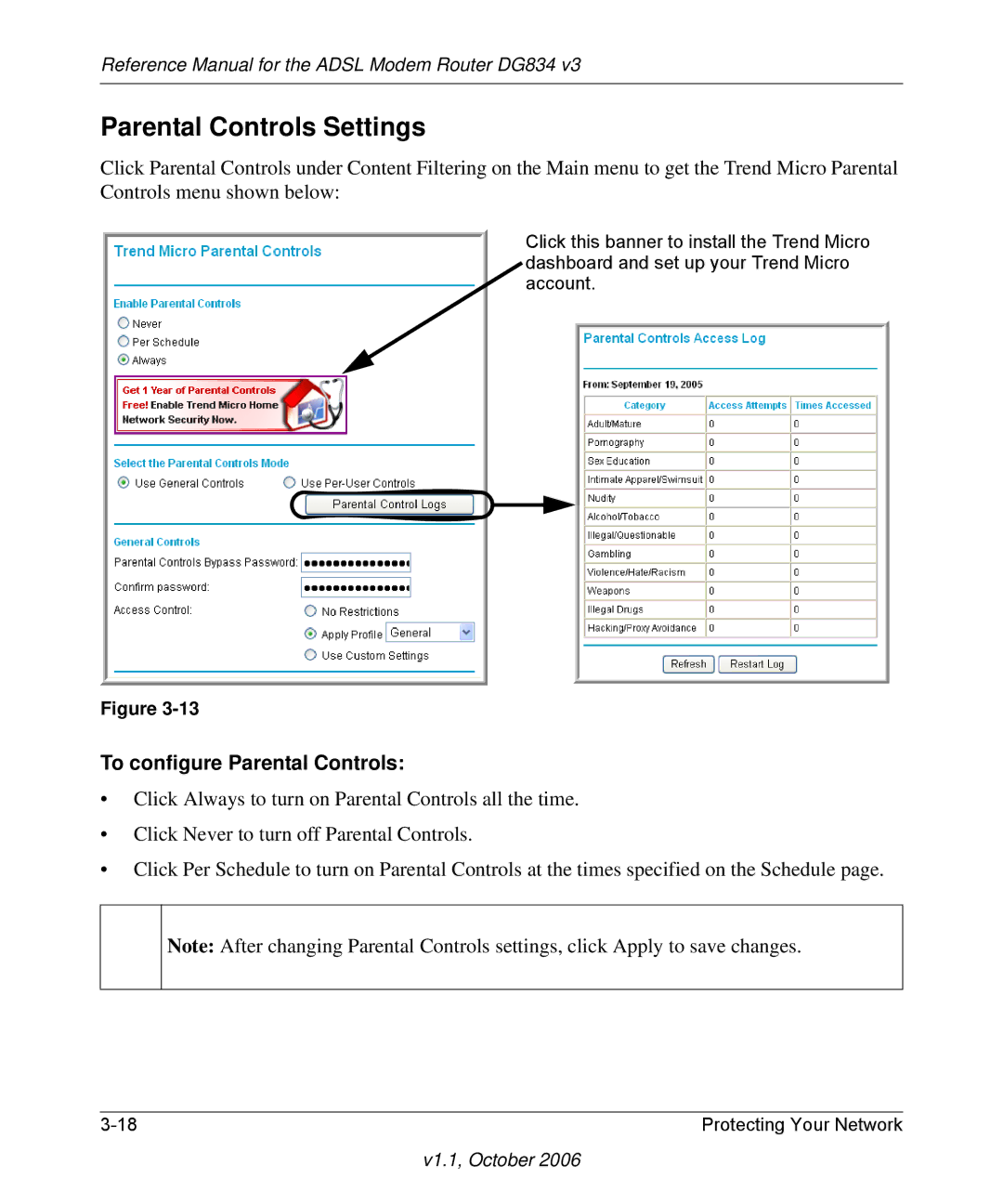 NETGEAR DG834 V3 manual Parental Controls Settings, To configure Parental Controls 