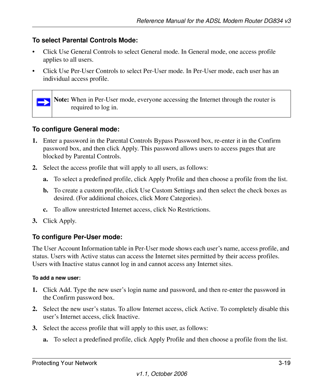 NETGEAR DG834 V3 manual To select Parental Controls Mode, To configure General mode, To configure Per-User mode 