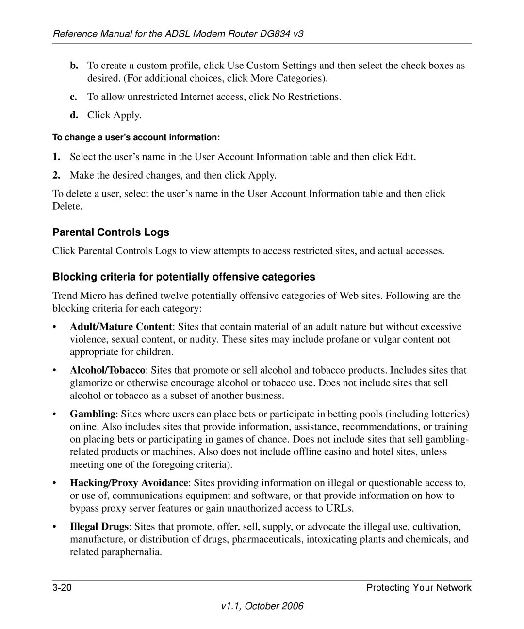 NETGEAR DG834 V3 manual Parental Controls Logs, Blocking criteria for potentially offensive categories 