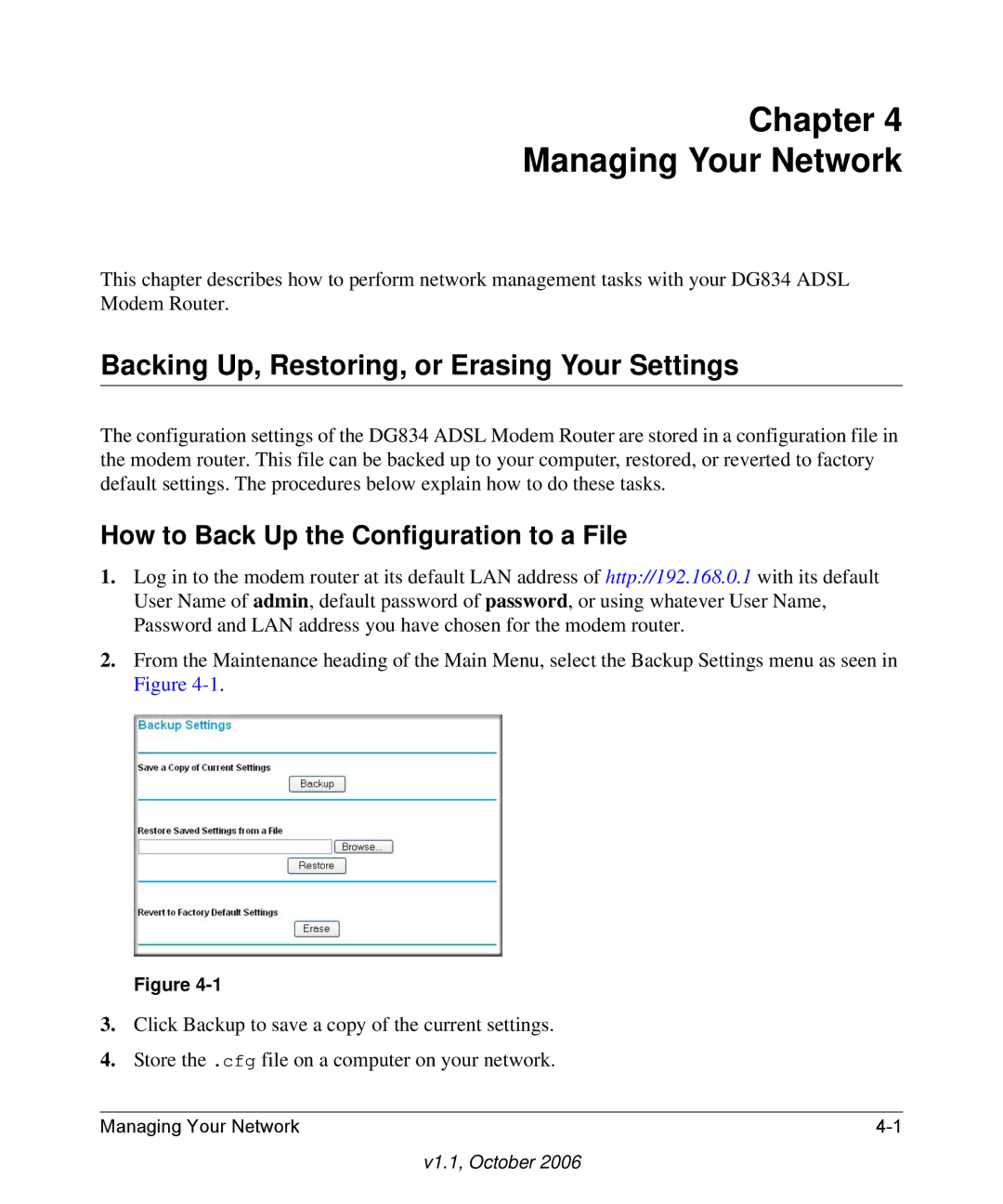 NETGEAR DG834 V3 manual Backing Up, Restoring, or Erasing Your Settings, How to Back Up the Configuration to a File 