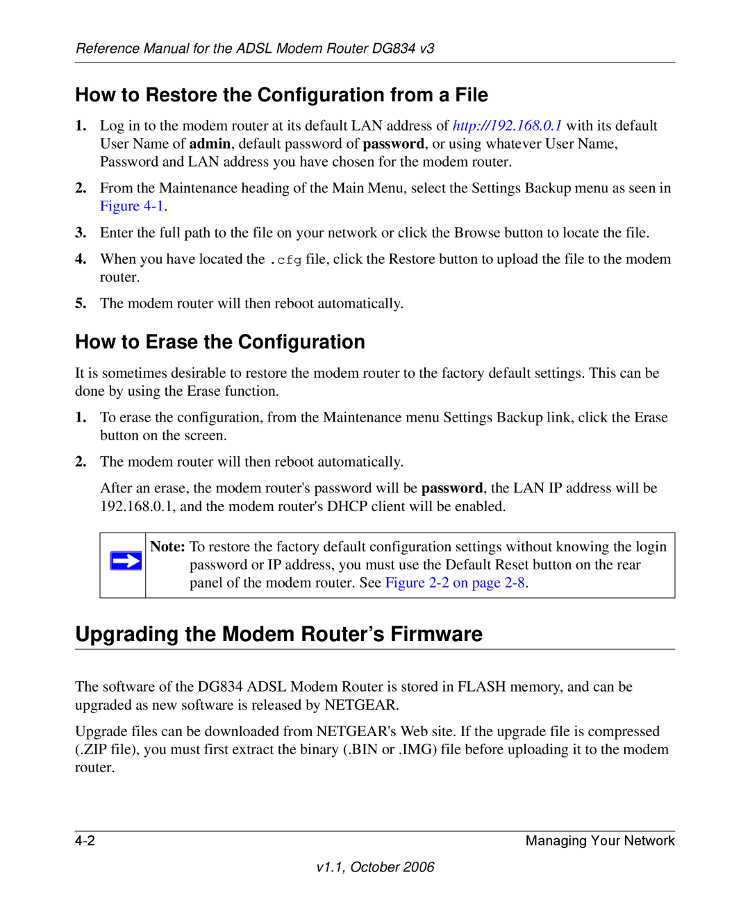 NETGEAR DG834 V3 manual Upgrading the Modem Router’s Firmware, How to Restore the Configuration from a File 