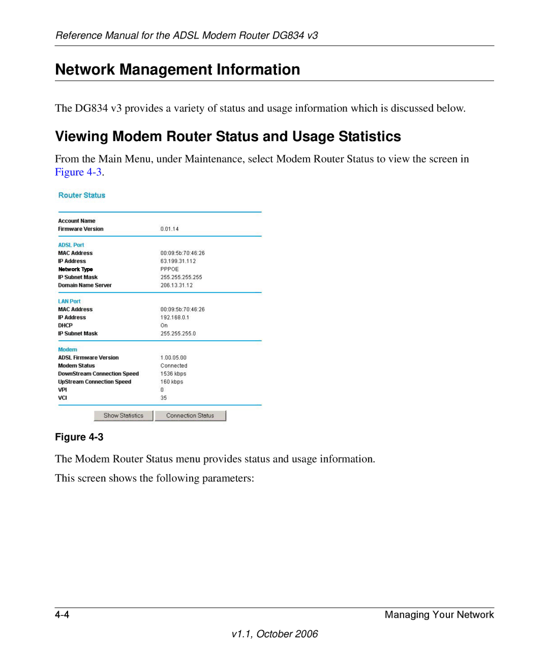 NETGEAR DG834 V3 manual Network Management Information, Viewing Modem Router Status and Usage Statistics 