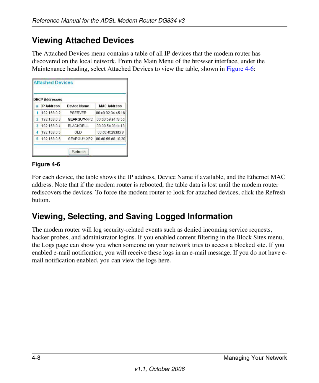 NETGEAR DG834 V3 manual Viewing Attached Devices, Viewing, Selecting, and Saving Logged Information 