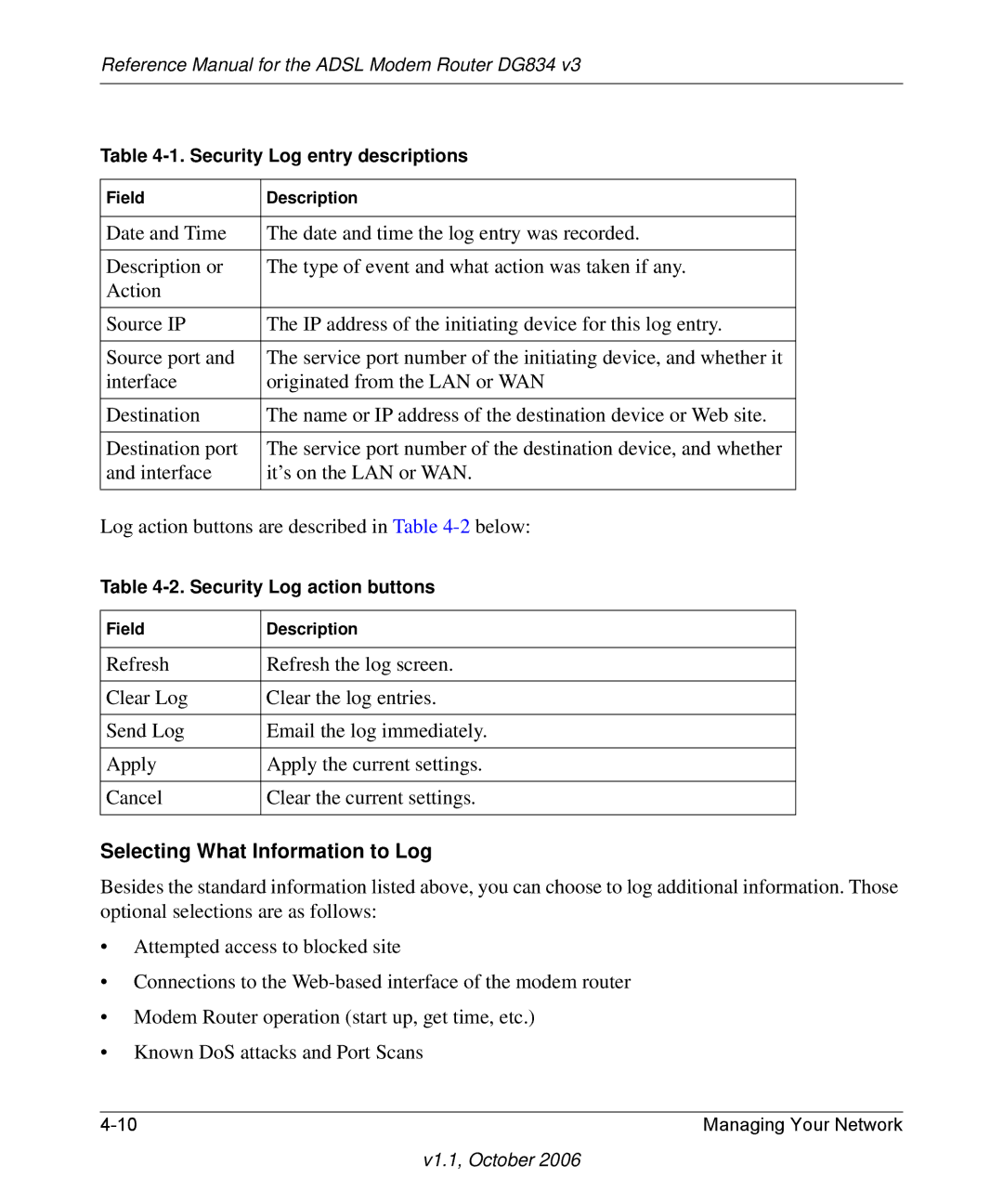 NETGEAR DG834 V3 manual Selecting What Information to Log 