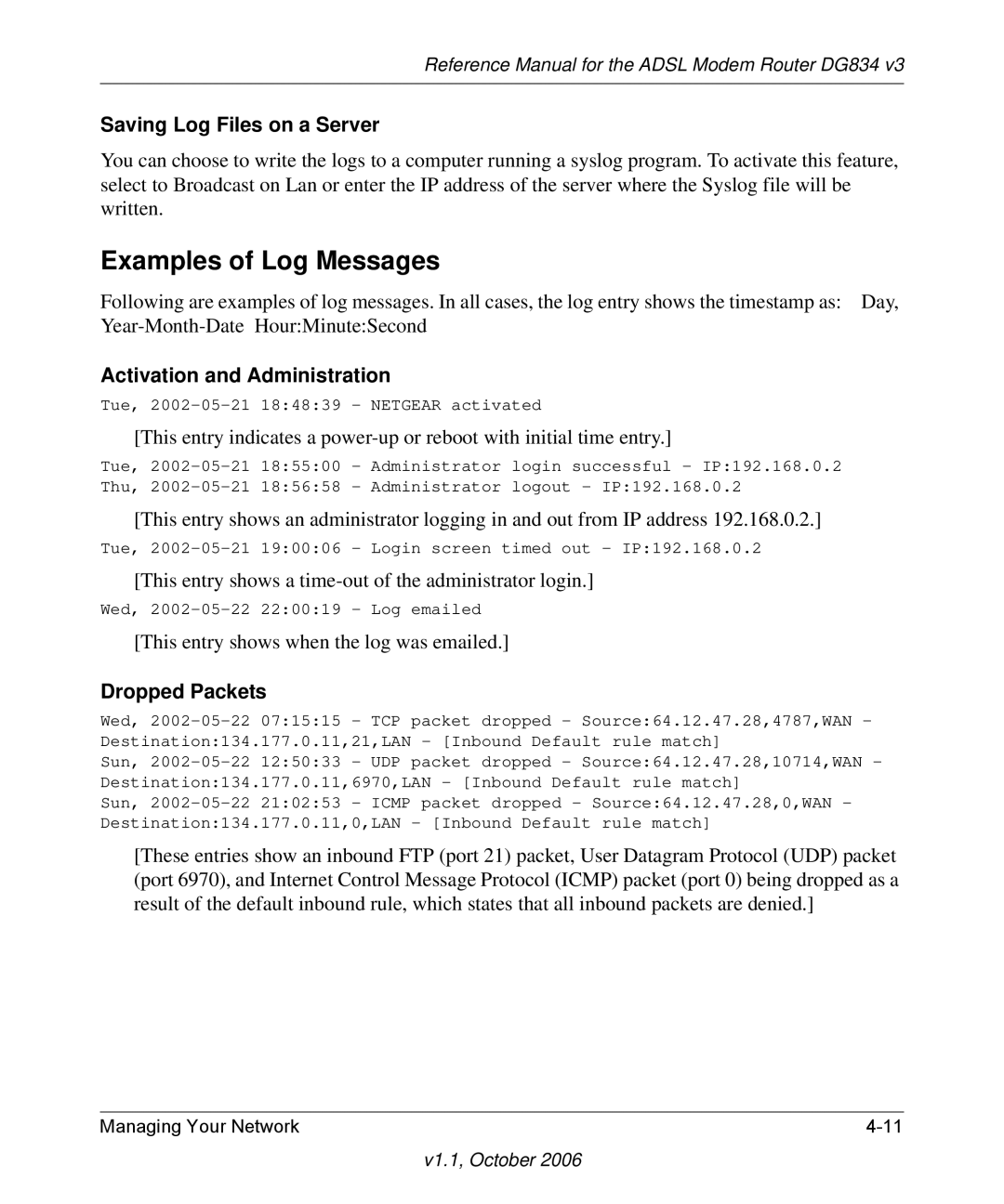 NETGEAR DG834 V3 Examples of Log Messages, Saving Log Files on a Server, Activation and Administration, Dropped Packets 