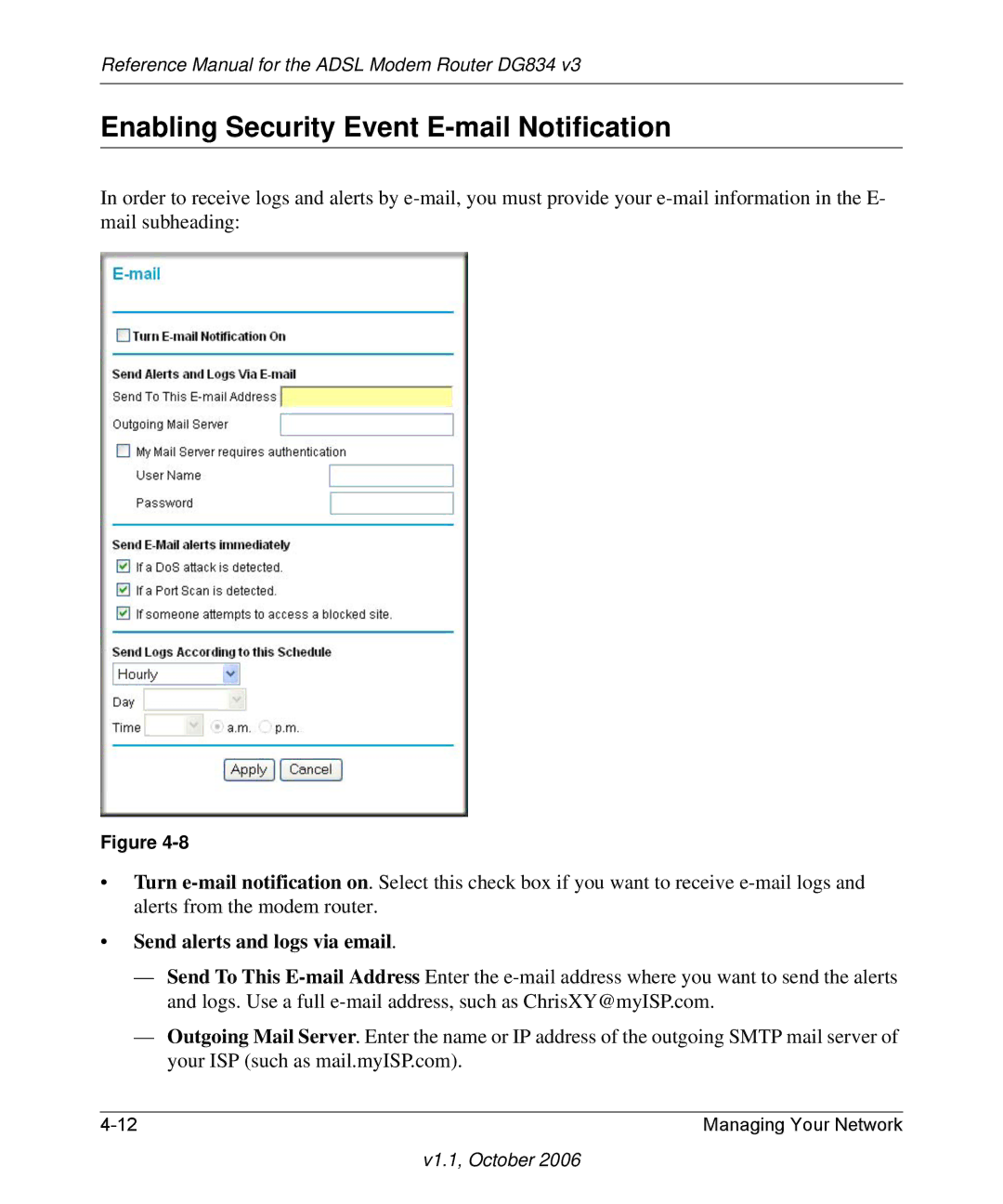 NETGEAR DG834 V3 manual Enabling Security Event E-mail Notification, Send alerts and logs via email 