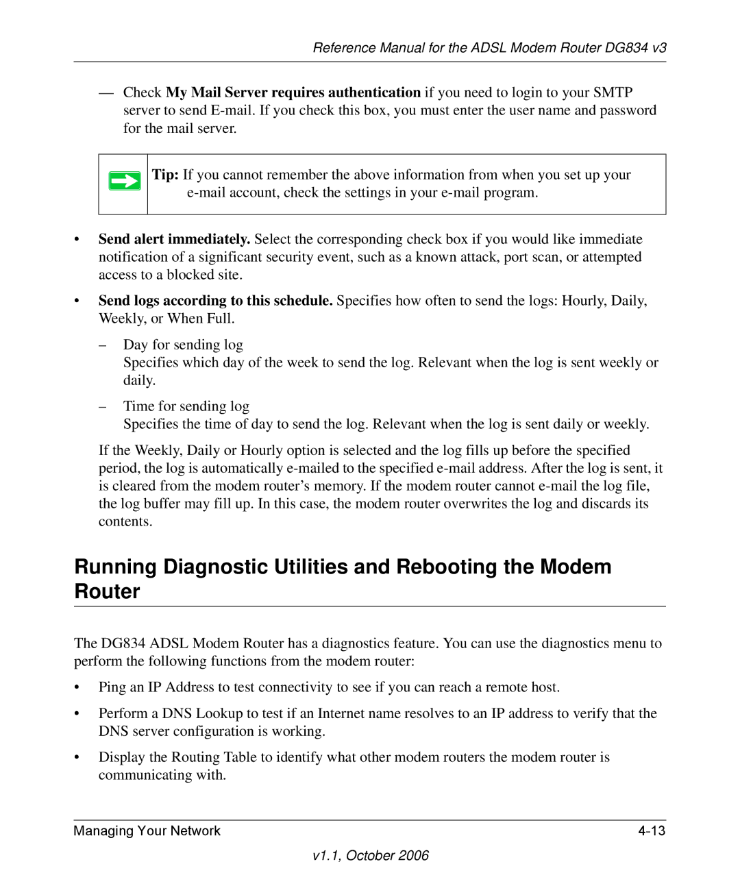 NETGEAR DG834 V3 manual Running Diagnostic Utilities and Rebooting the Modem Router 