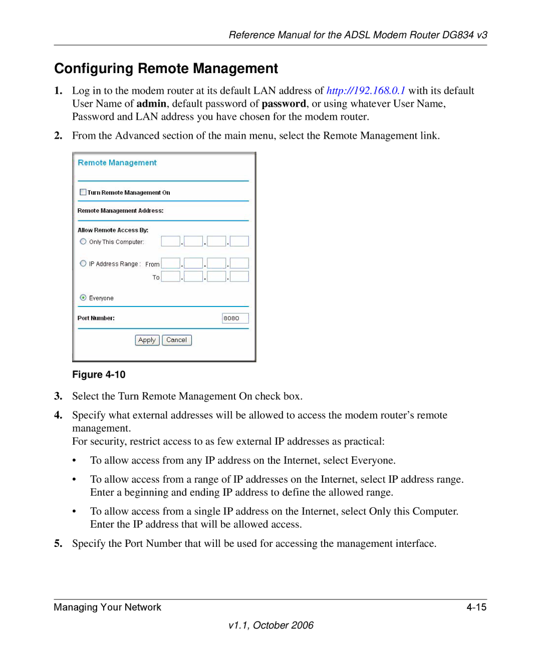 NETGEAR DG834 V3 manual Configuring Remote Management 