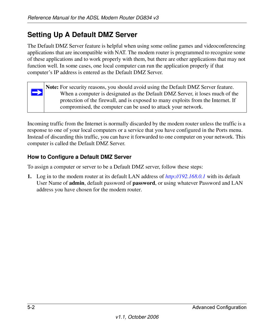 NETGEAR DG834 V3 manual Setting Up a Default DMZ Server, How to Configure a Default DMZ Server 