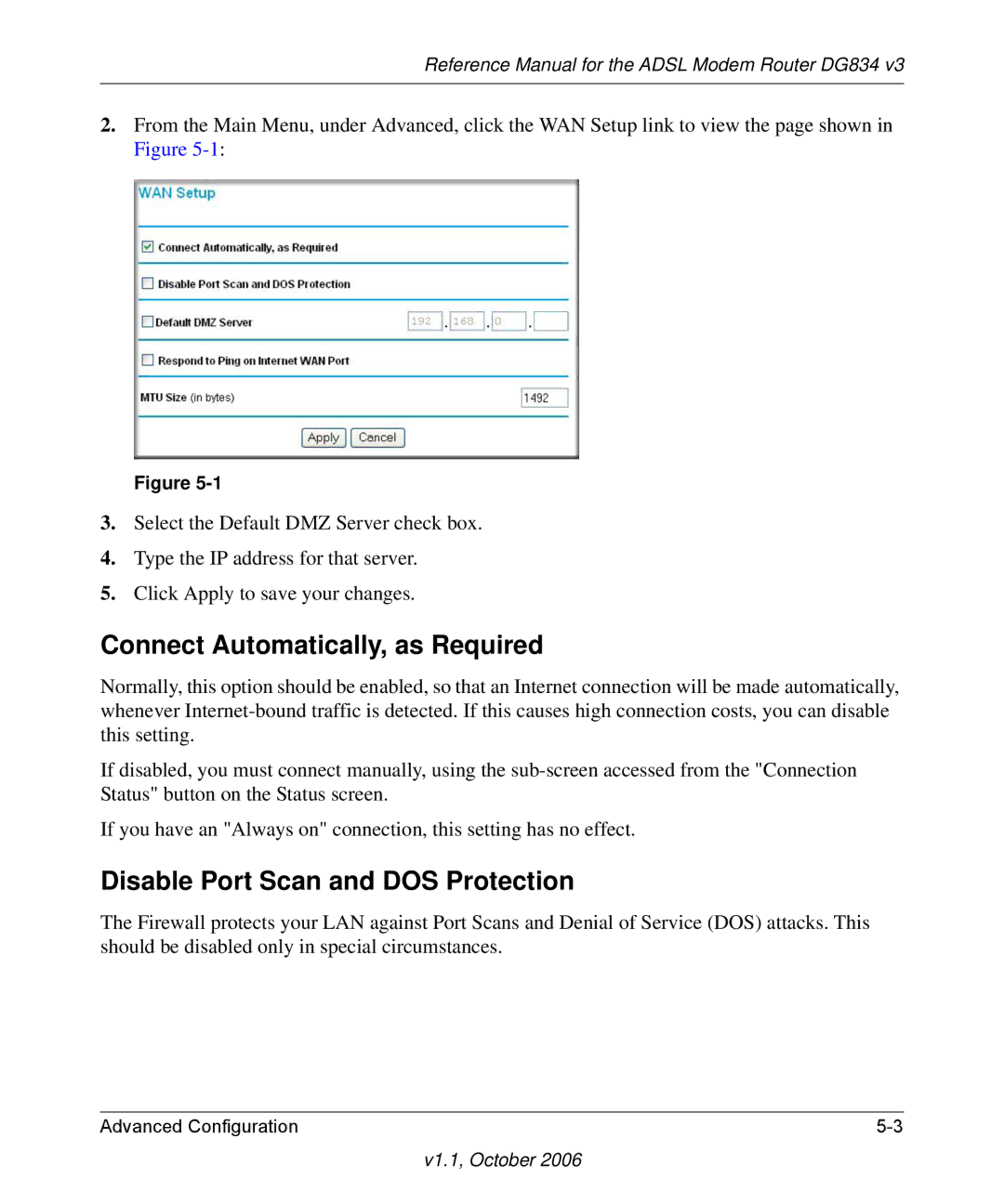 NETGEAR DG834 V3 manual Connect Automatically, as Required, Disable Port Scan and DOS Protection 