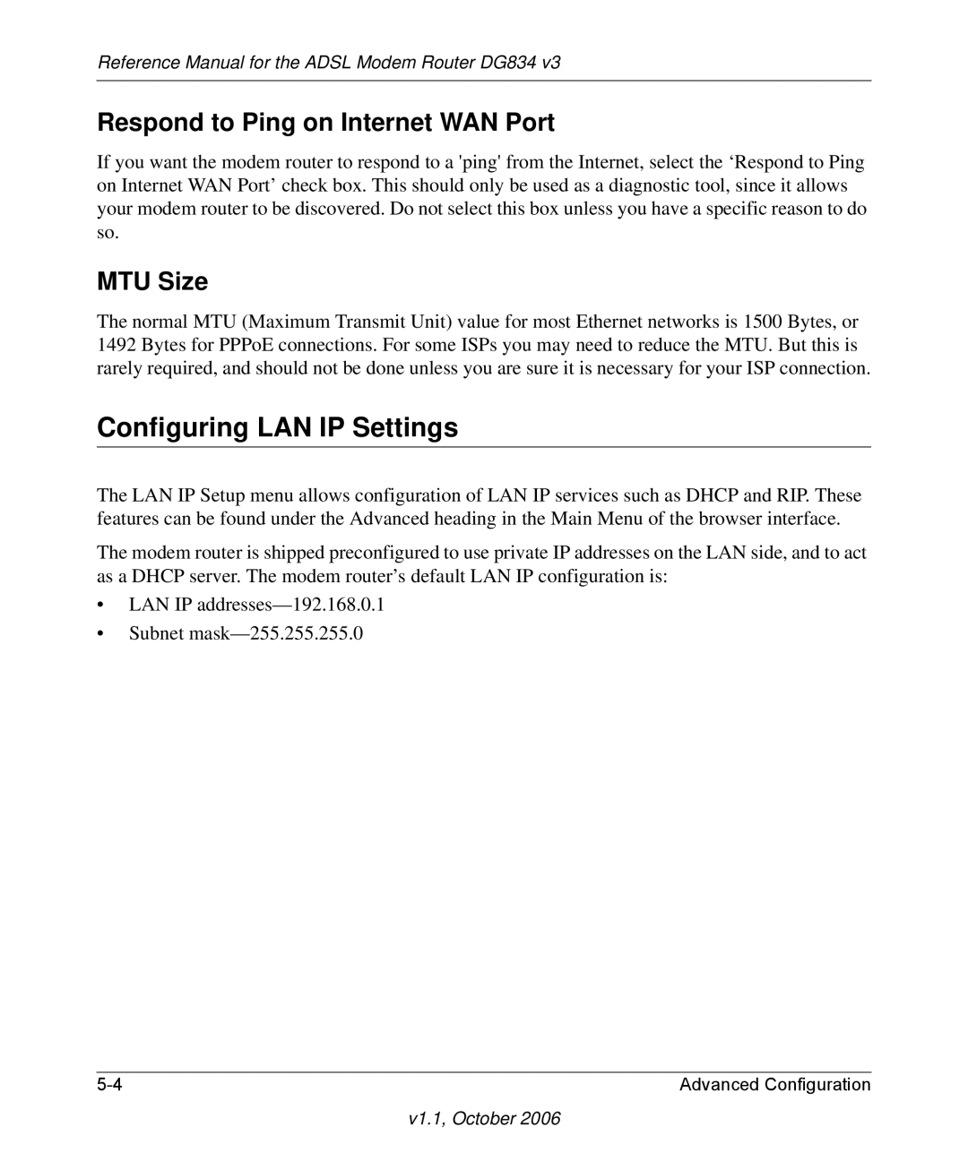 NETGEAR DG834 V3 manual Configuring LAN IP Settings, Respond to Ping on Internet WAN Port, MTU Size 