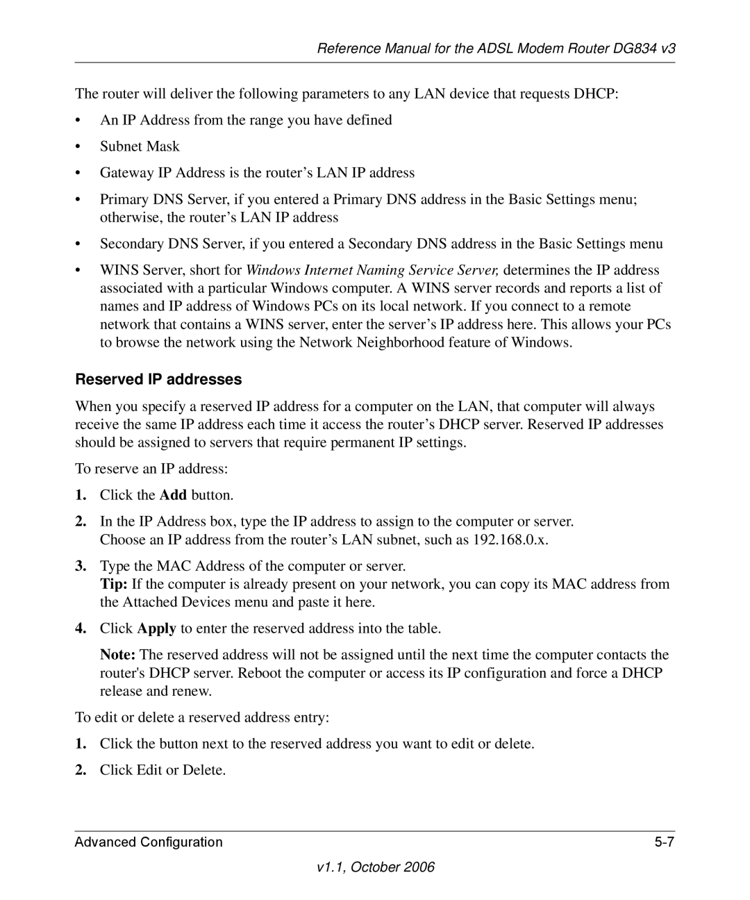 NETGEAR DG834 V3 manual Reserved IP addresses 