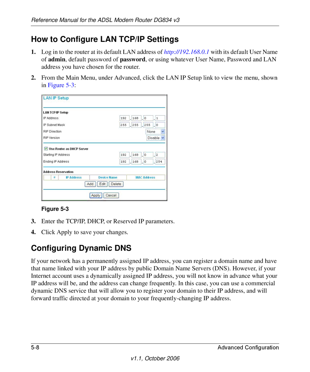 NETGEAR DG834 V3 manual How to Configure LAN TCP/IP Settings, Configuring Dynamic DNS 