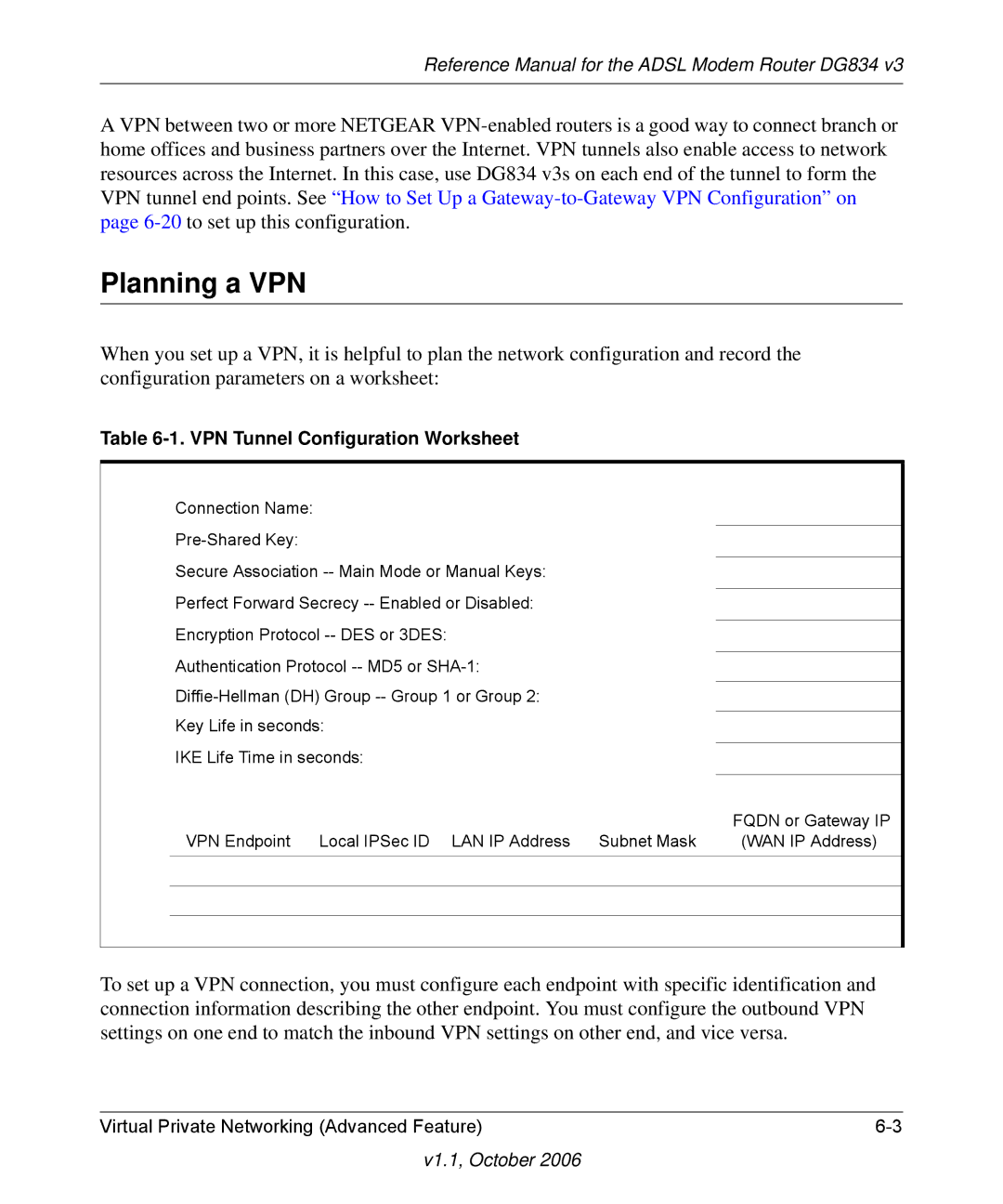 NETGEAR DG834 V3 manual Planning a VPN, VPN Tunnel Configuration Worksheet 