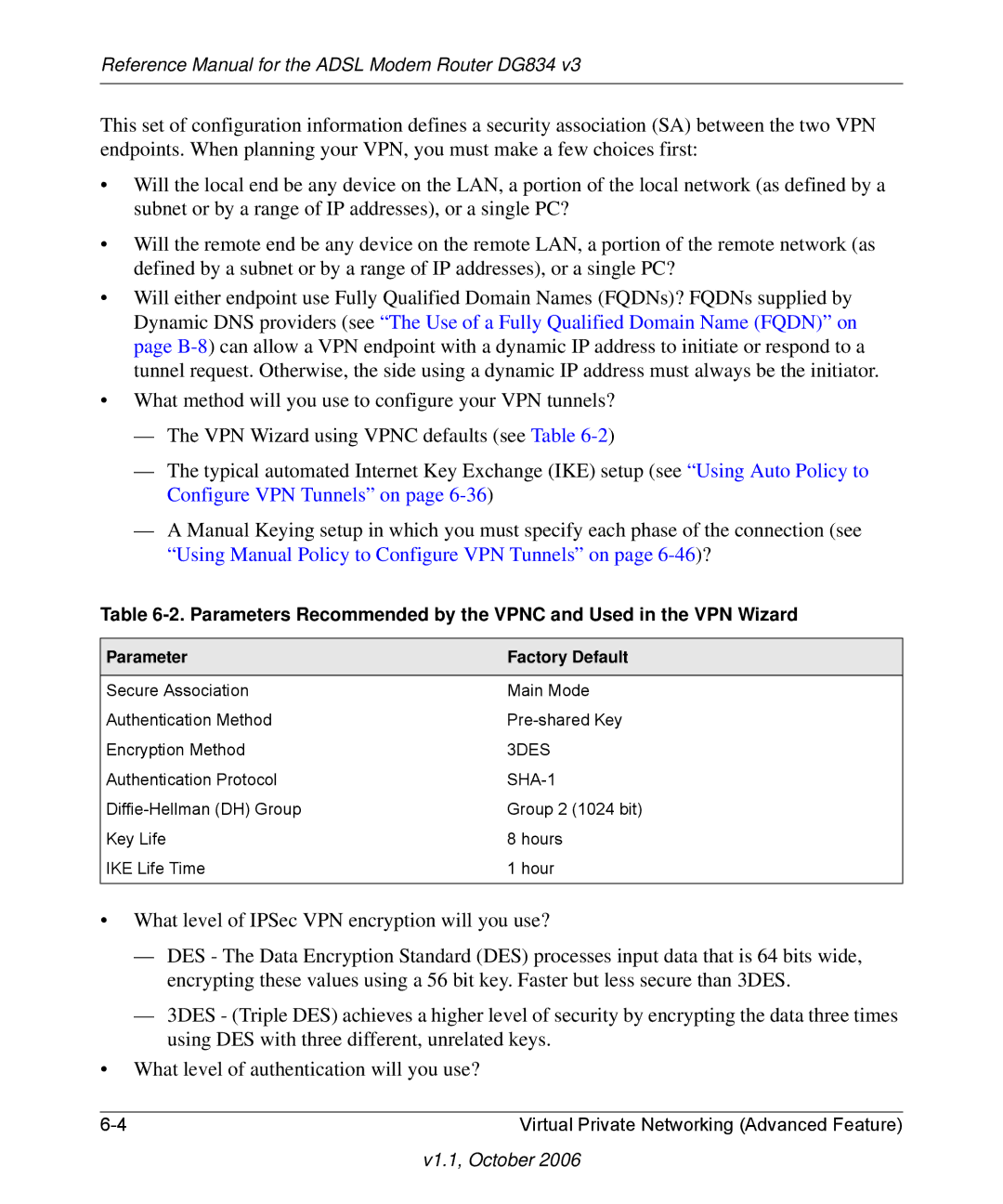 NETGEAR DG834 V3 manual Parameter Factory Default 