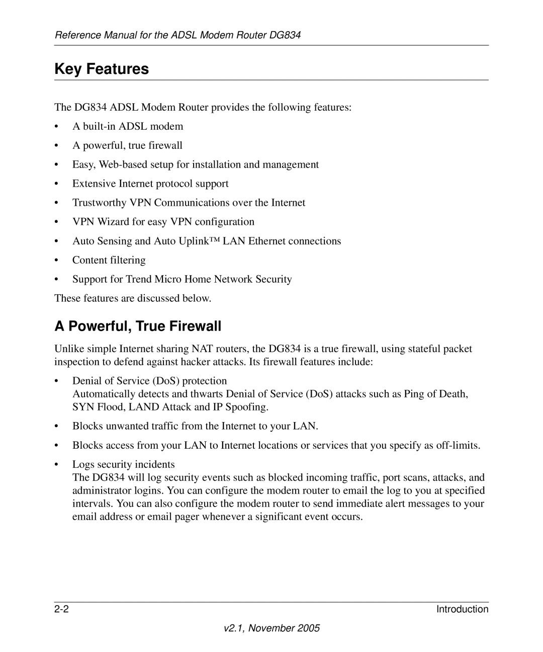 NETGEAR DG834 appendix Key Features, Powerful, True Firewall 