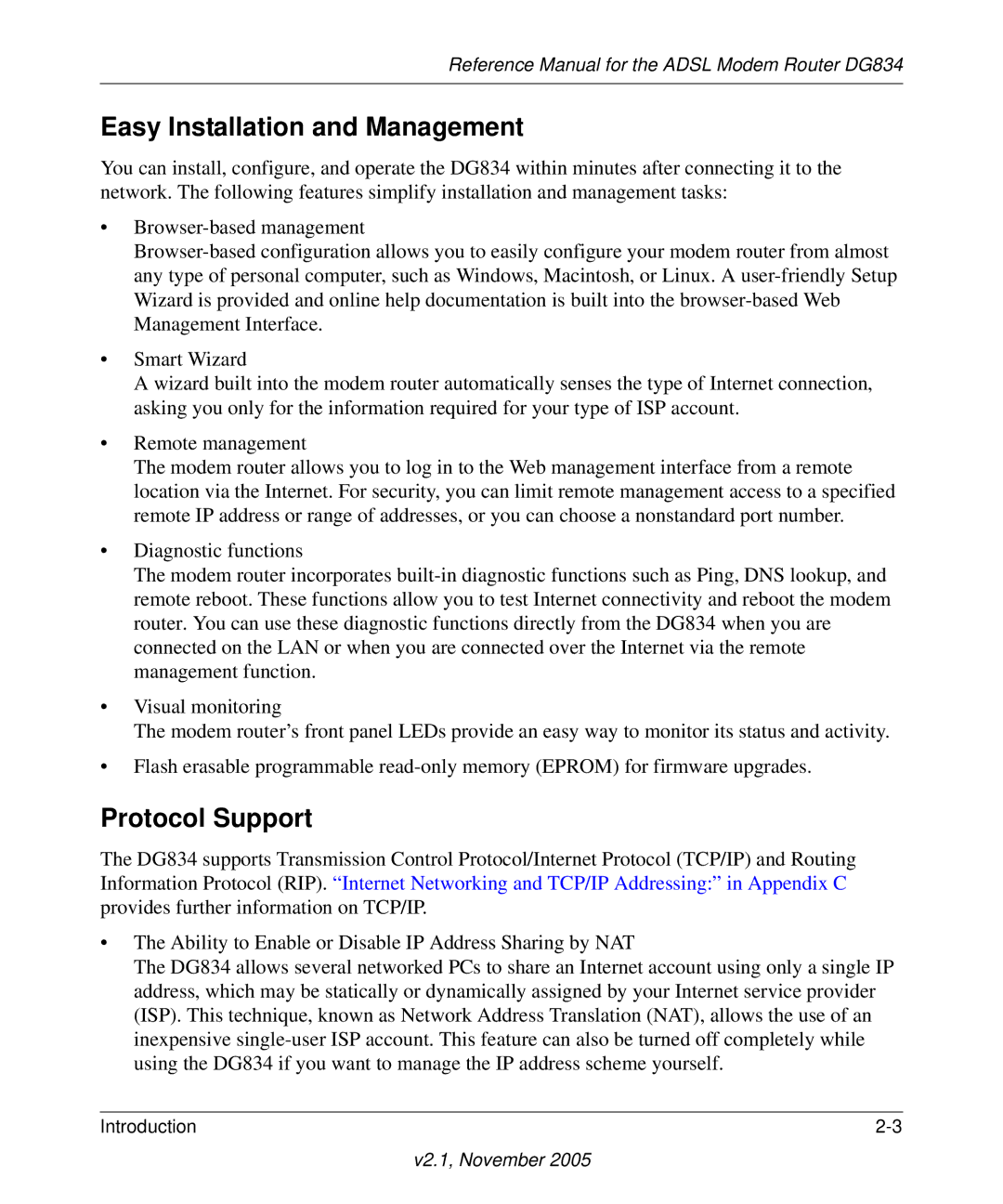 NETGEAR DG834 appendix Easy Installation and Management, Protocol Support 