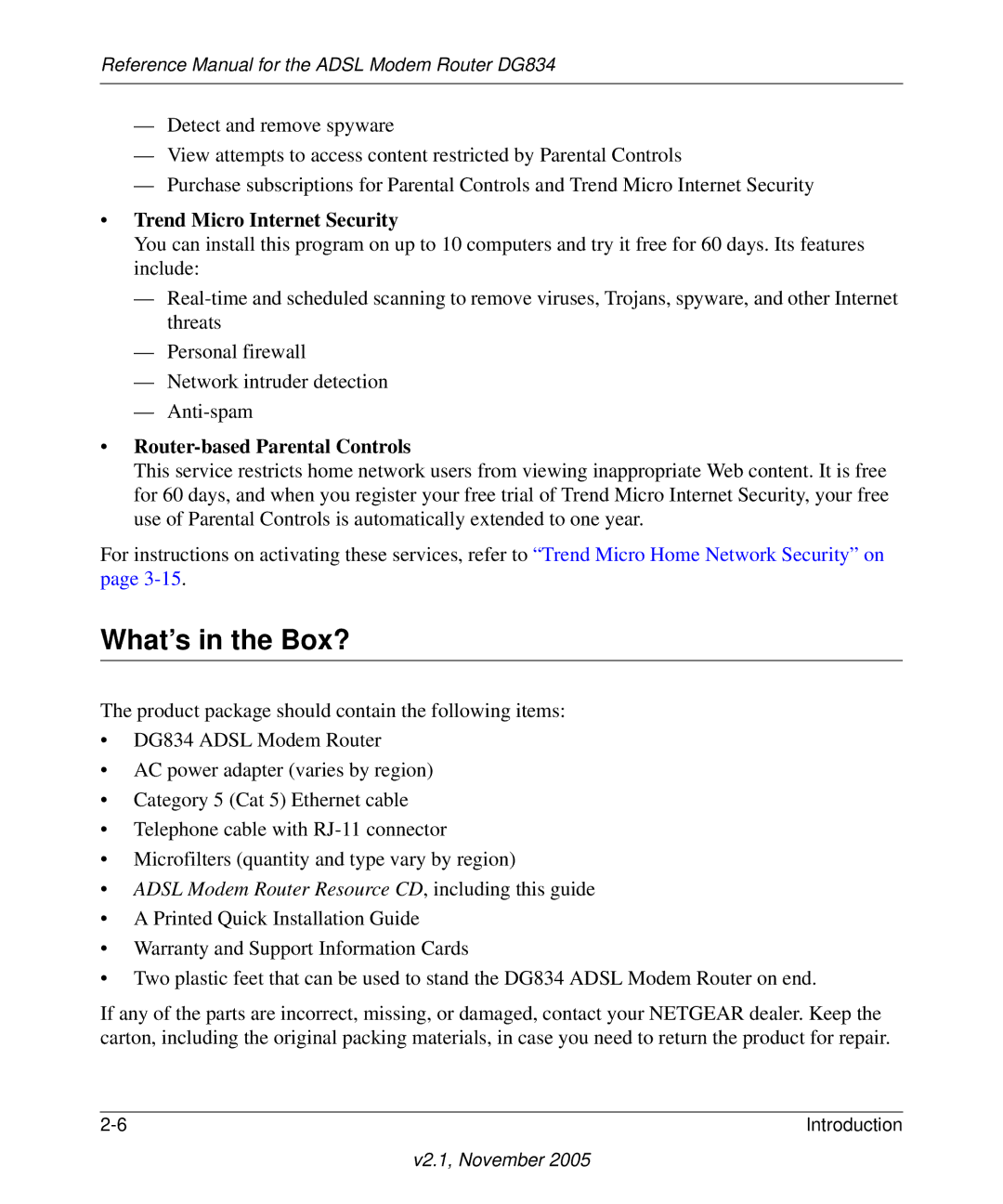NETGEAR DG834 appendix What’s in the Box?, Trend Micro Internet Security 