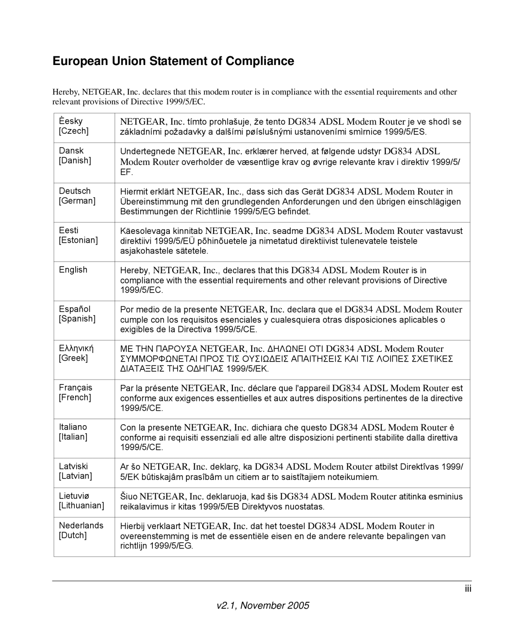 NETGEAR DG834 manual European Union Statement of Compliance 