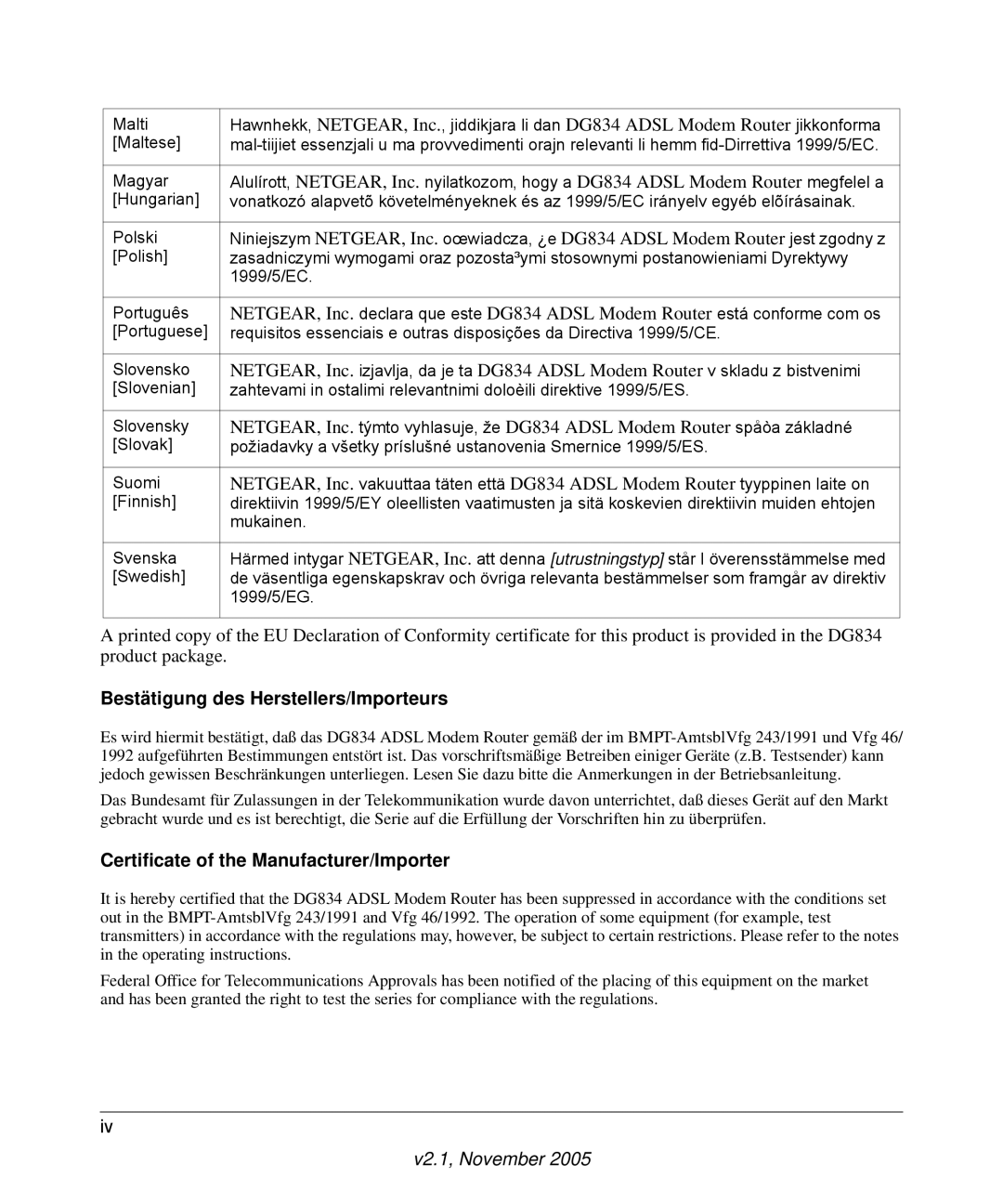 NETGEAR DG834 manual Bestätigung des Herstellers/Importeurs, Certificate of the Manufacturer/Importer 