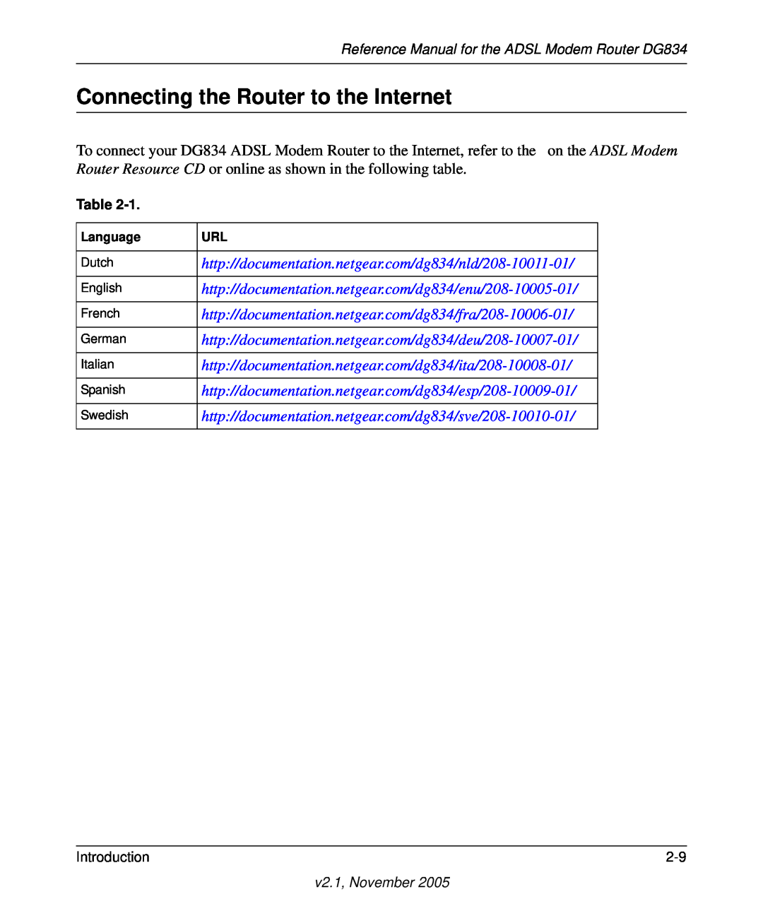NETGEAR DG834 appendix Connecting the Router to the Internet, http//documentation.netgear.com/dg834/ita/208-10008-01 