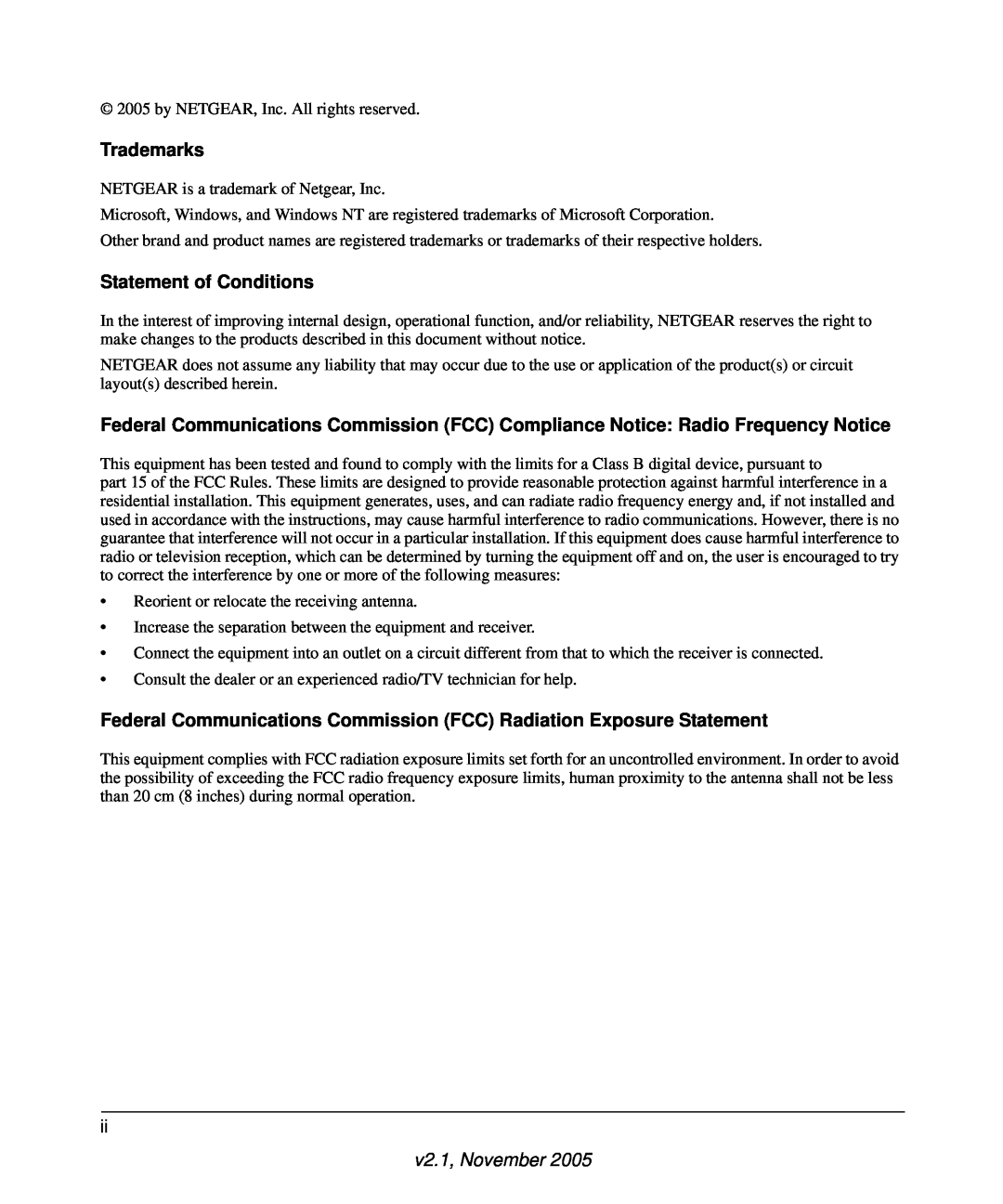 NETGEAR DG834 Trademarks, Statement of Conditions, Federal Communications Commission FCC Radiation Exposure Statement 