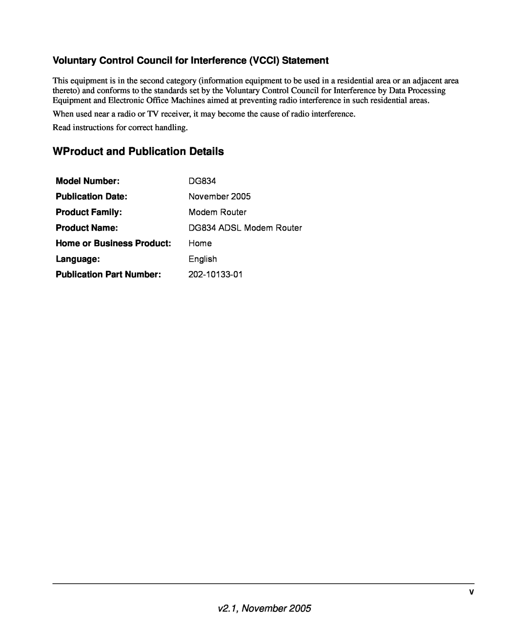 NETGEAR DG834 Voluntary Control Council for Interference VCCI Statement, WProduct and Publication Details, v2.1, November 