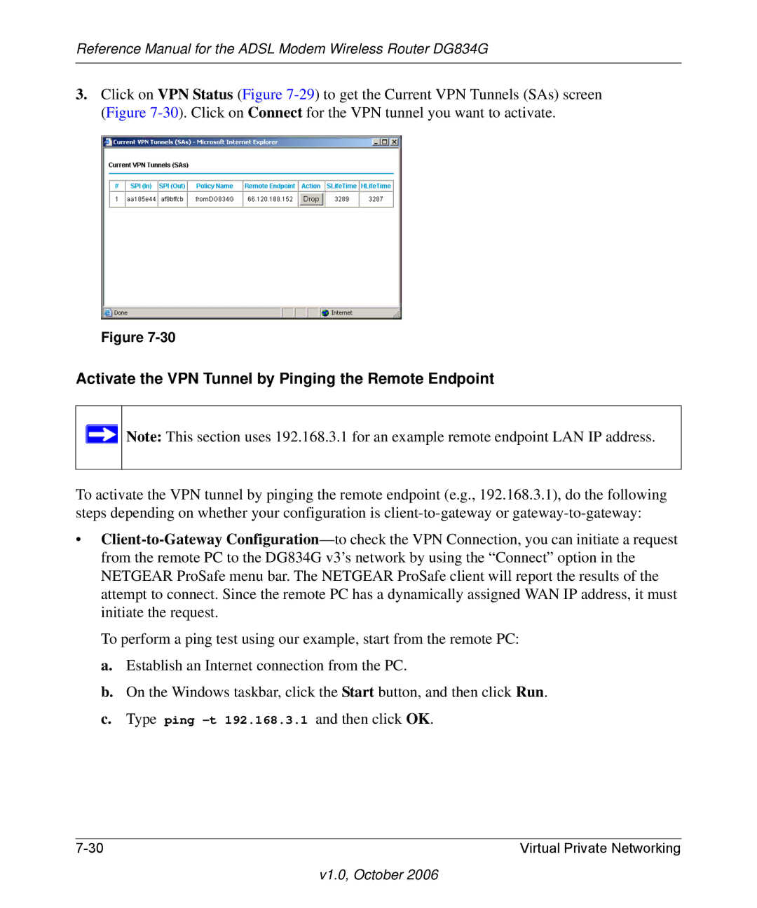 NETGEAR DG834G manual Activate the VPN Tunnel by Pinging the Remote Endpoint 