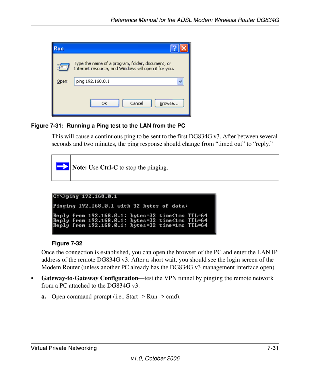 NETGEAR DG834G manual Running a Ping test to the LAN from the PC 