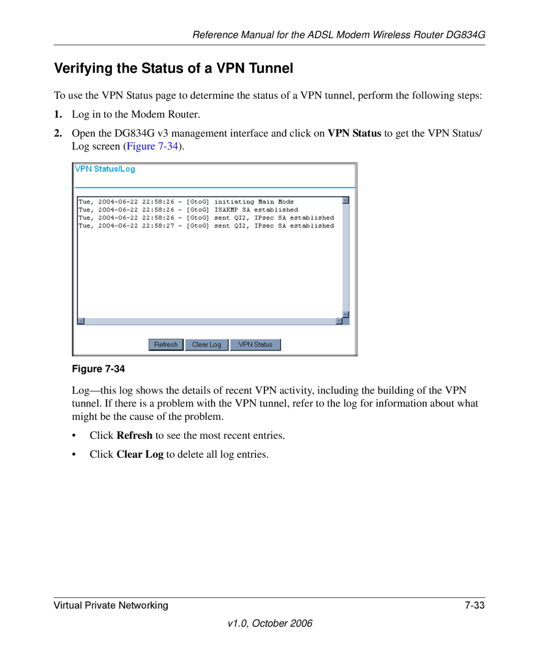 NETGEAR DG834G manual Verifying the Status of a VPN Tunnel 