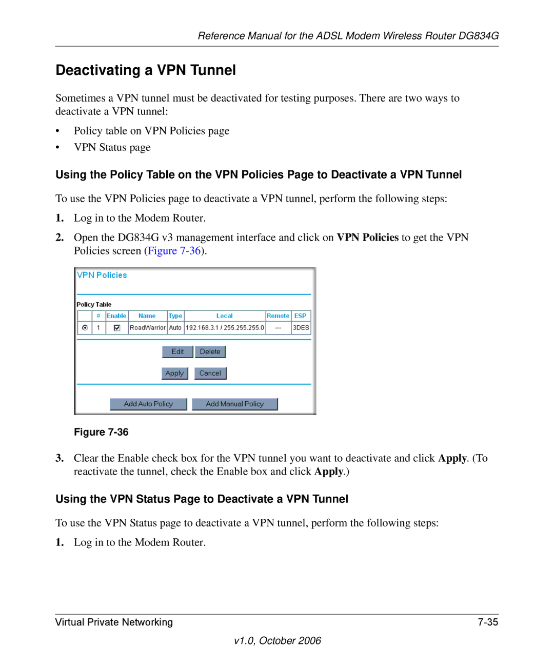 NETGEAR DG834G manual Deactivating a VPN Tunnel, Using the VPN Status Page to Deactivate a VPN Tunnel 