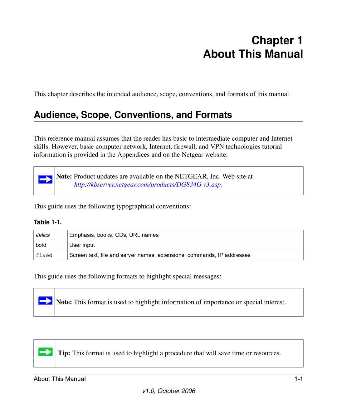 NETGEAR DG834G manual Chapter About This Manual, Audience, Scope, Conventions, and Formats 